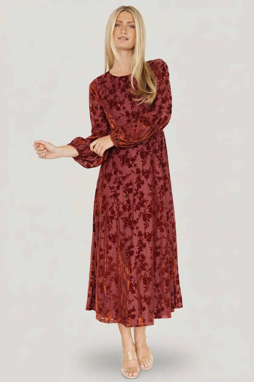 Thora Burnout Velvet Midi Dress Copper Floral