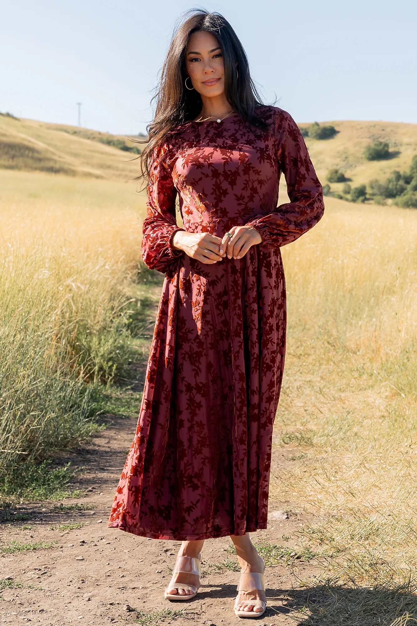 Thora Burnout Velvet Midi Dress Copper Floral