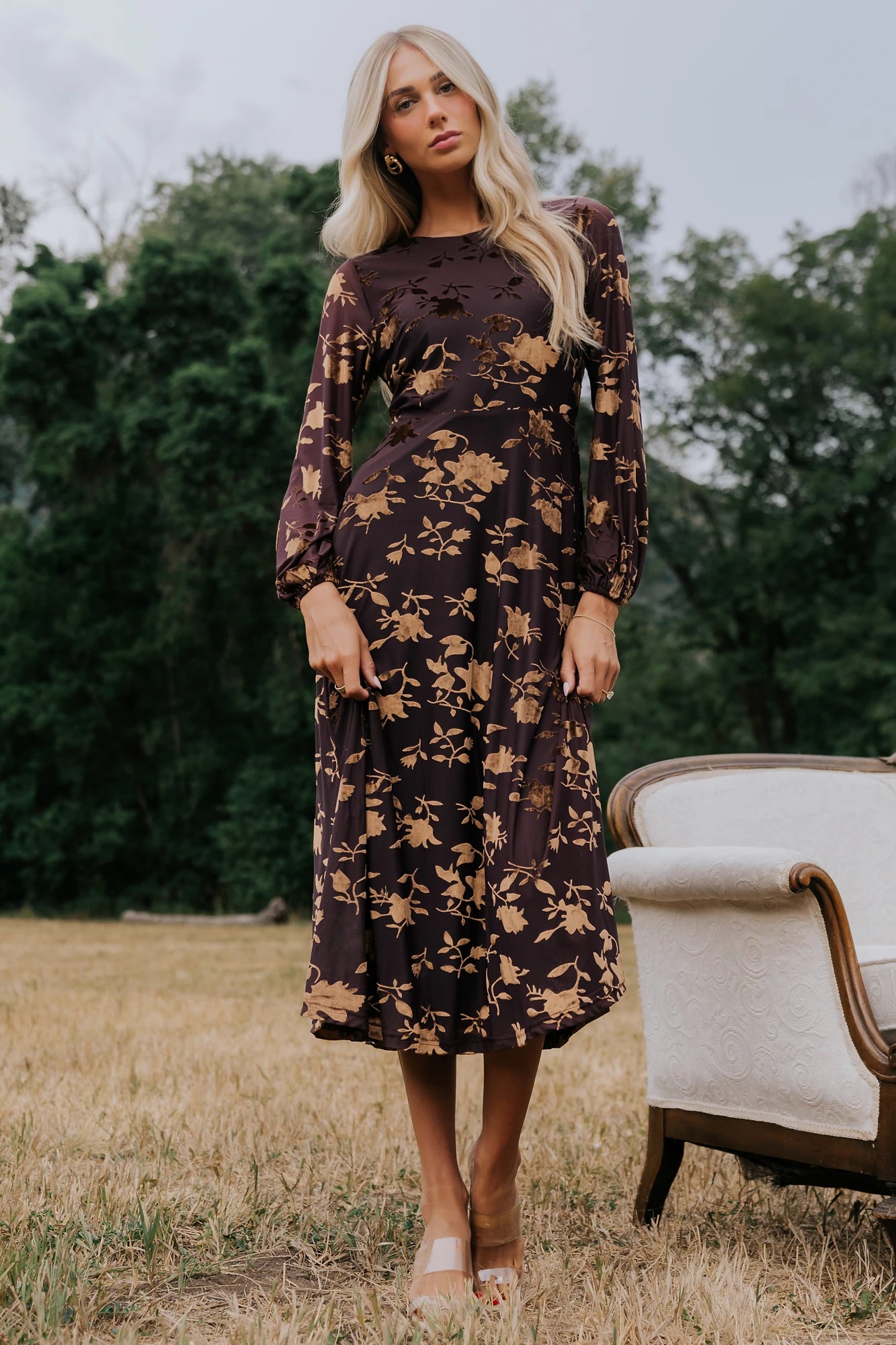 Thora Velvet Midi Dress — Deep Plum Floral