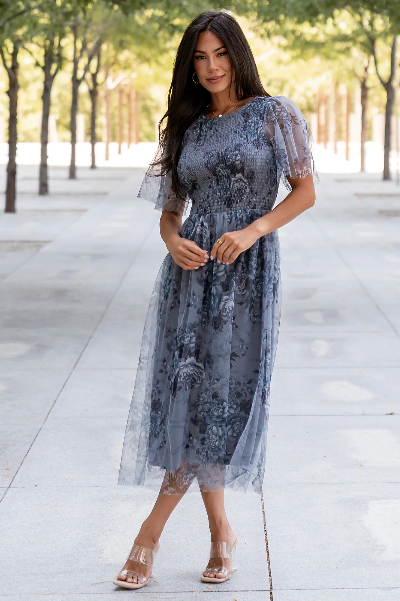 Josie Tulle Midi Dress — Dusty Blue Floral