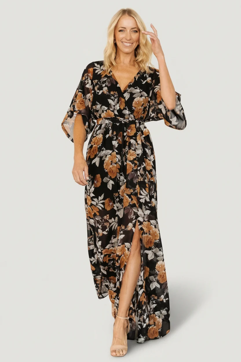 Kia Kimono Maxi Dress — Black & Copper Floral
