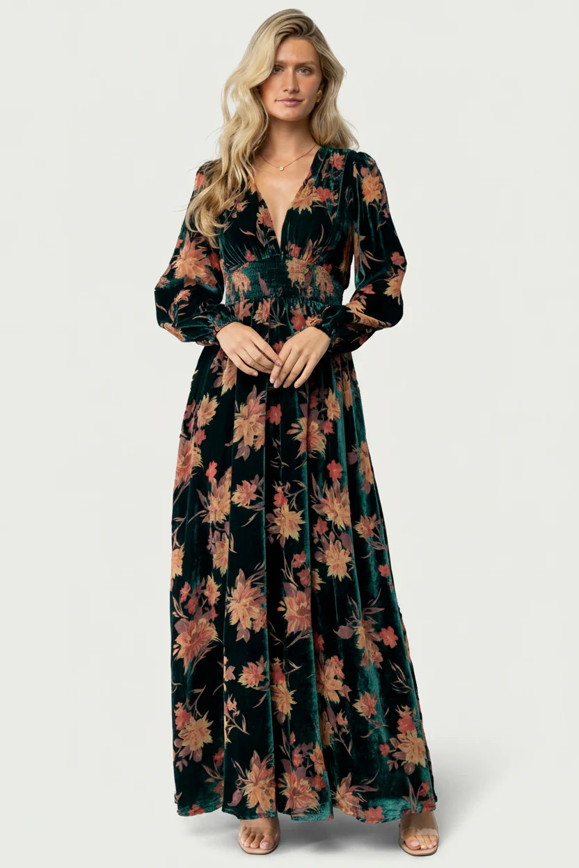 Elina Maxi Dress - Jade Multi Floral Velvet