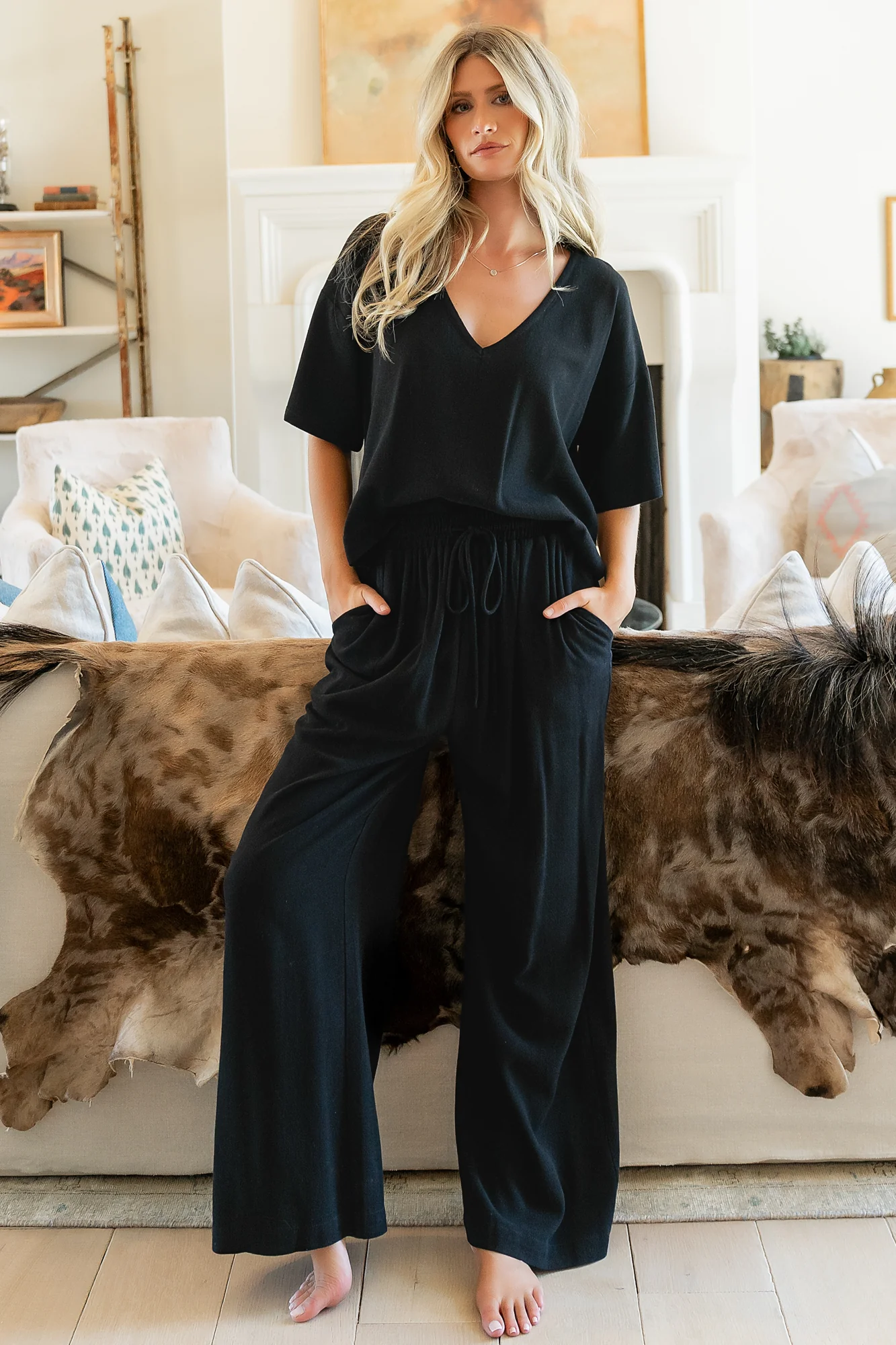 Timbre Matching Set — Black V-Neck & Wide Leg