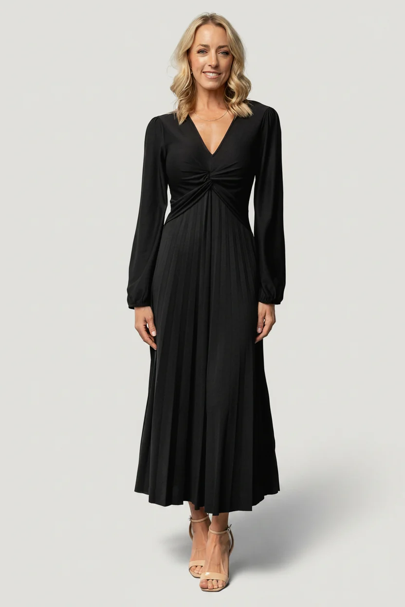 Lynda Pleated Midi Dress - Black Knot Front