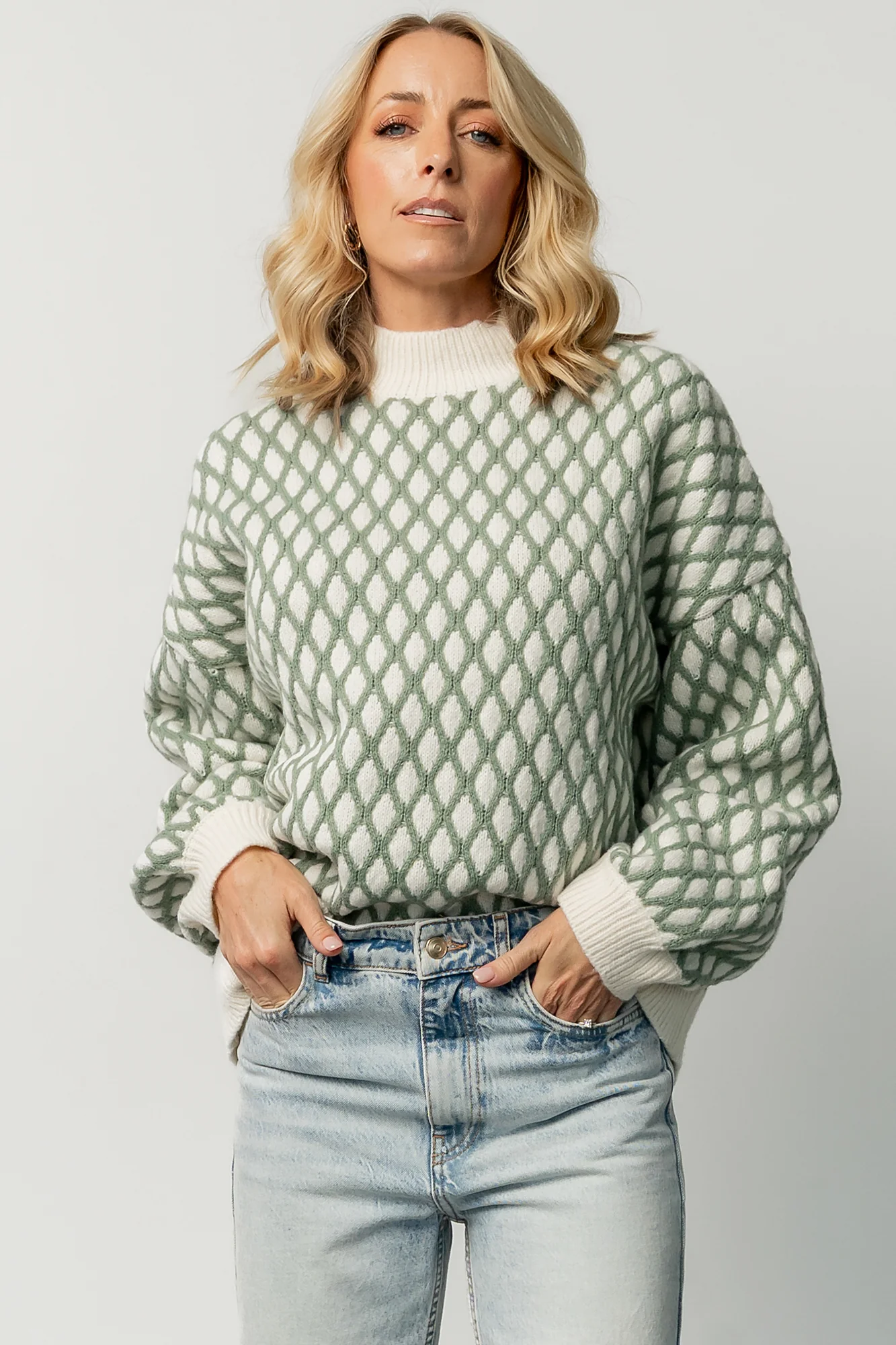 Hendrix Diamond Knit Sweater — Green Mock Neck