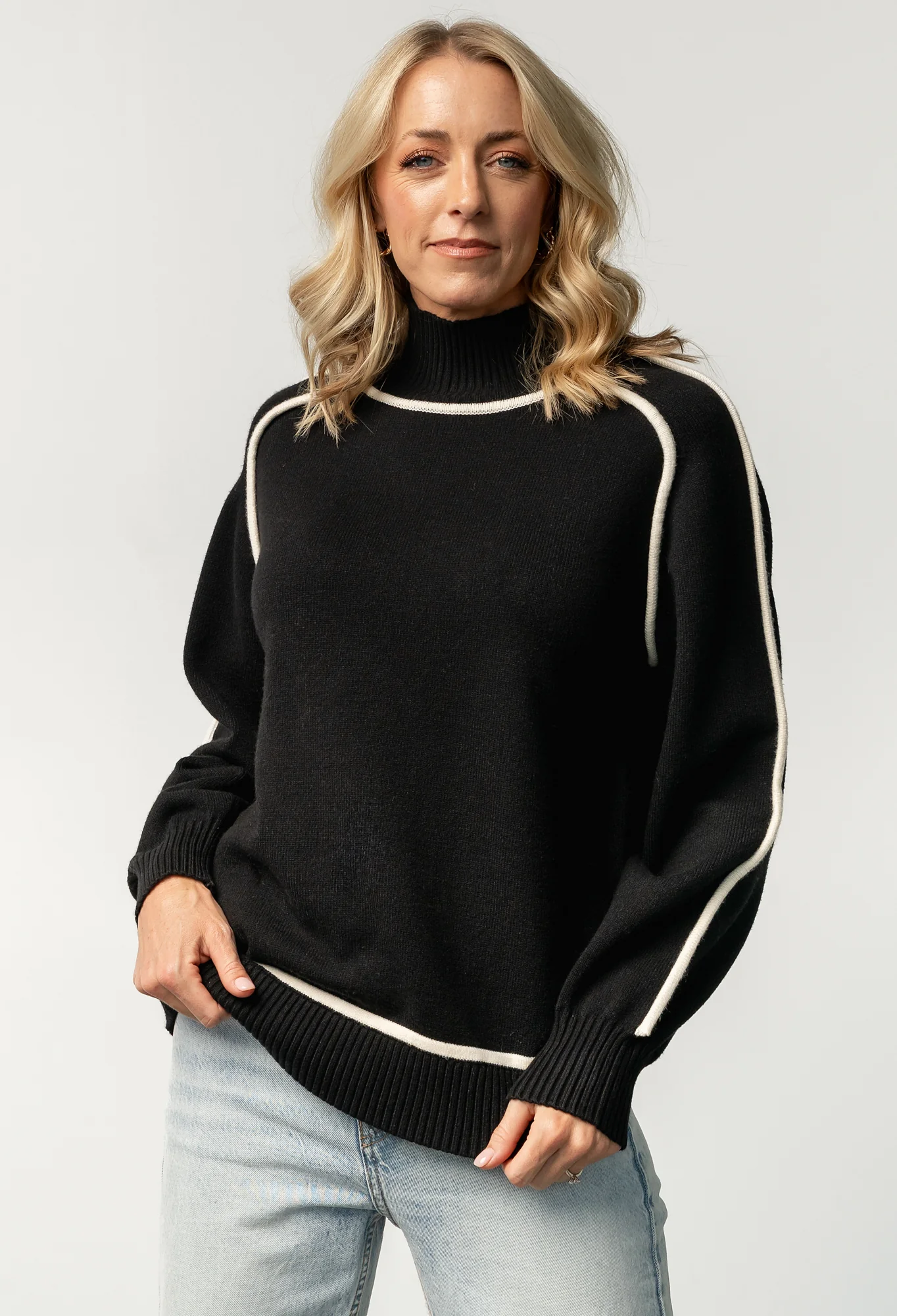 Harrington Woven-Knit Sweater - Black + Cream
