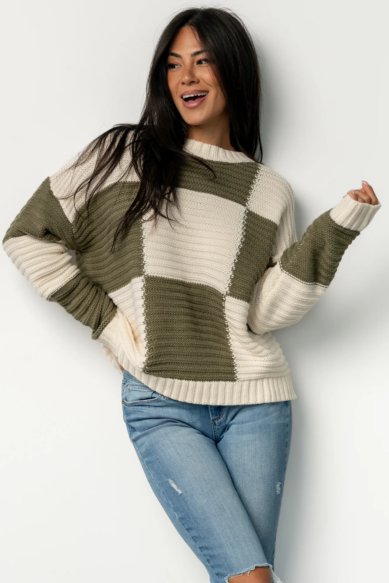 Jayda Checkered Sweater - Cream & Olive