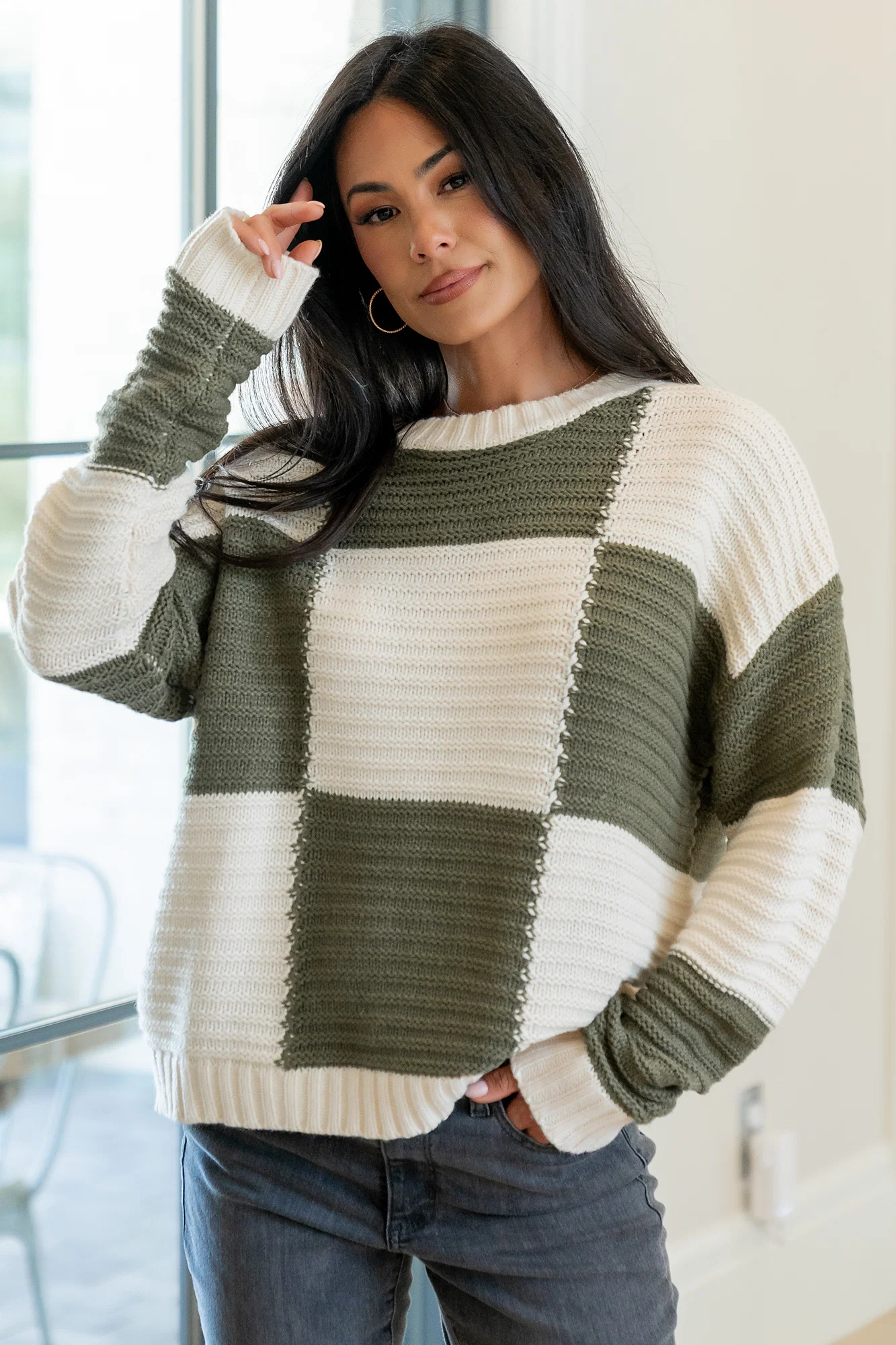 Jayda Checkered Sweater - Cream & Olive