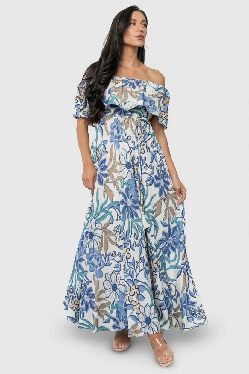 Valentina Maxi Dress - Cream & Blue
