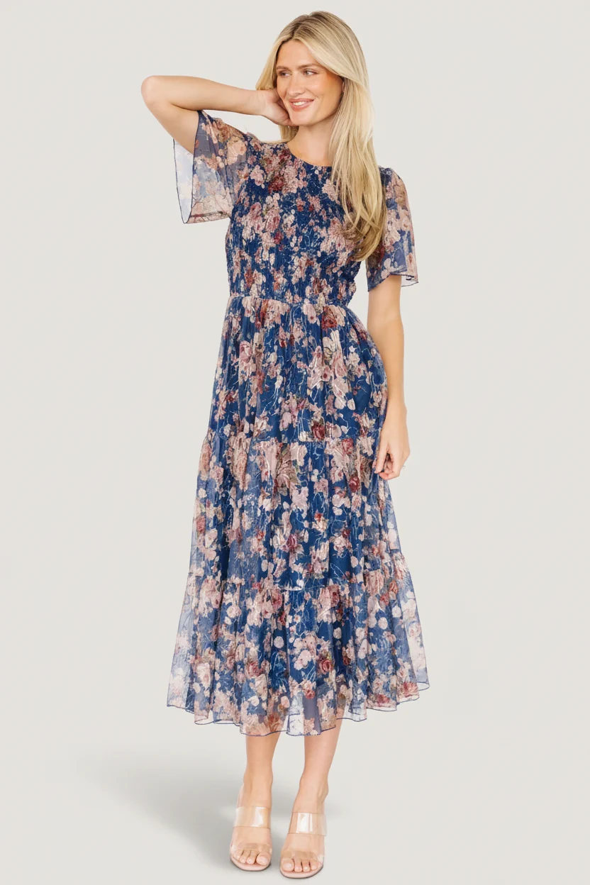 Mara Embroidered Tulle Dress — Dark Blue Multi