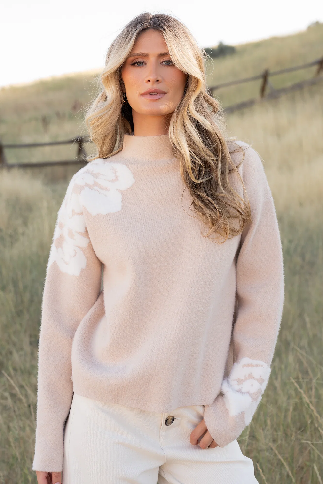 Oda Floral Sweater — Natural Fuzzy Flowers
