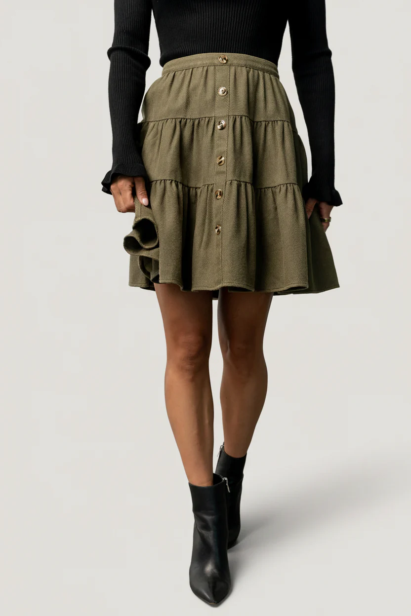 Ebba Tiered Short Skirt - Dusty Olive Tweed
