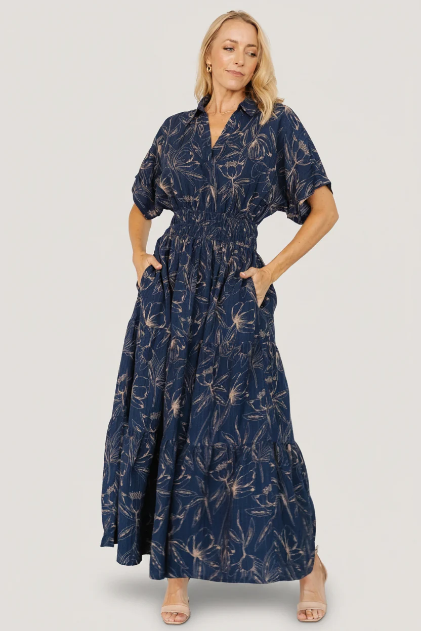 Hedda Tiered Maxi Dress, Deep Blue Floral