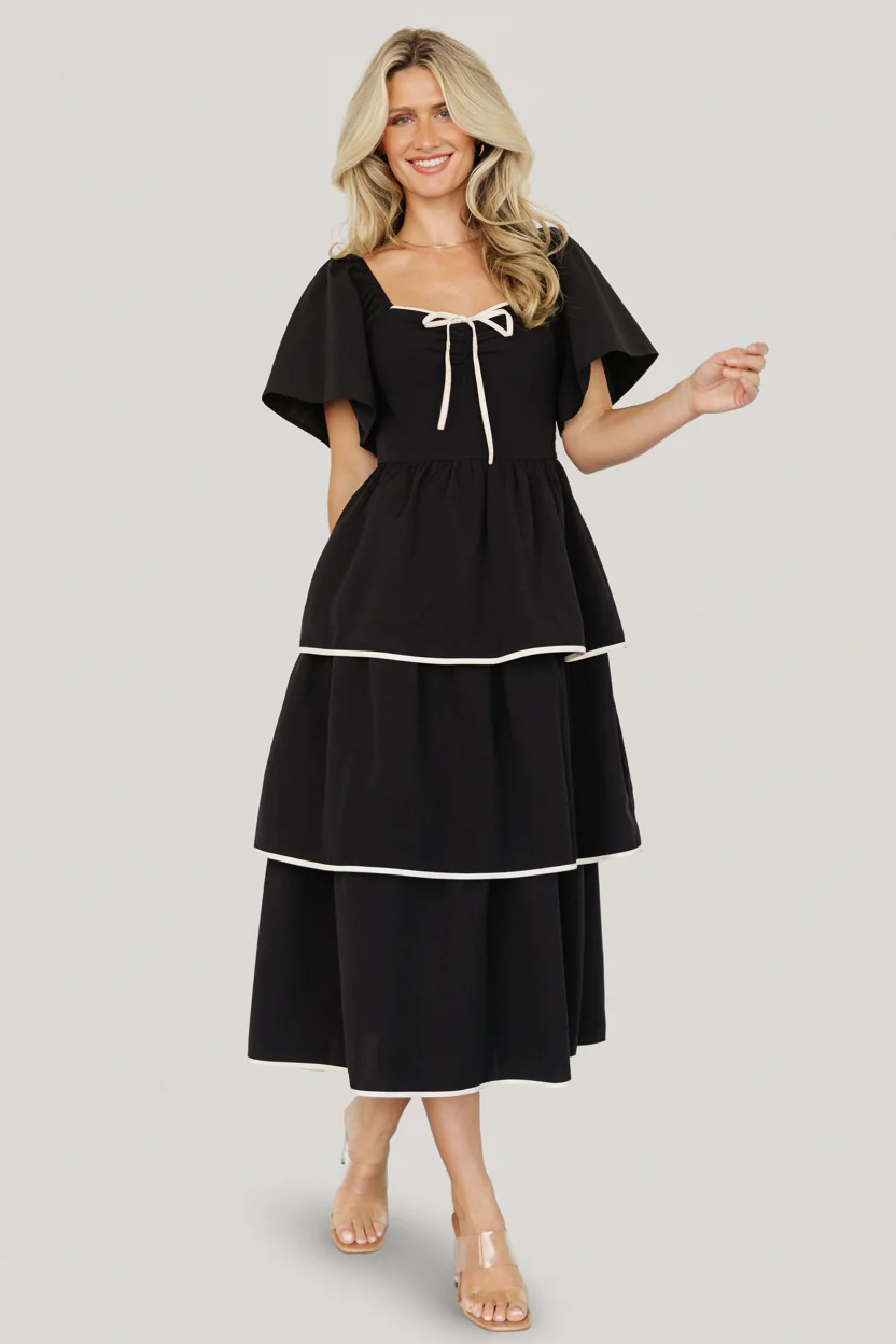 Madrid Tiered Midi Dress — Black & Ivory