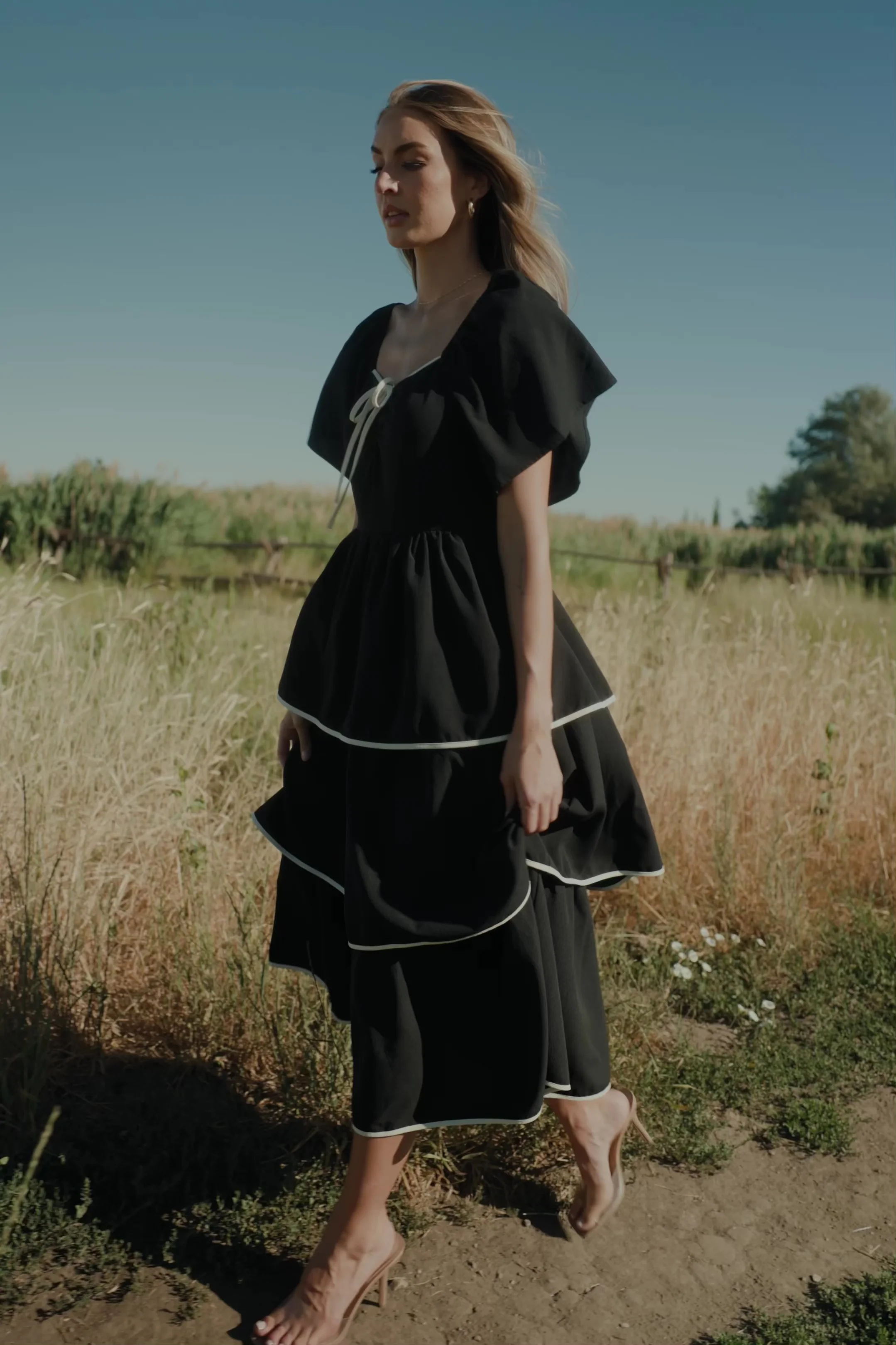 Madrid Tiered Midi Dress — Black & Ivory