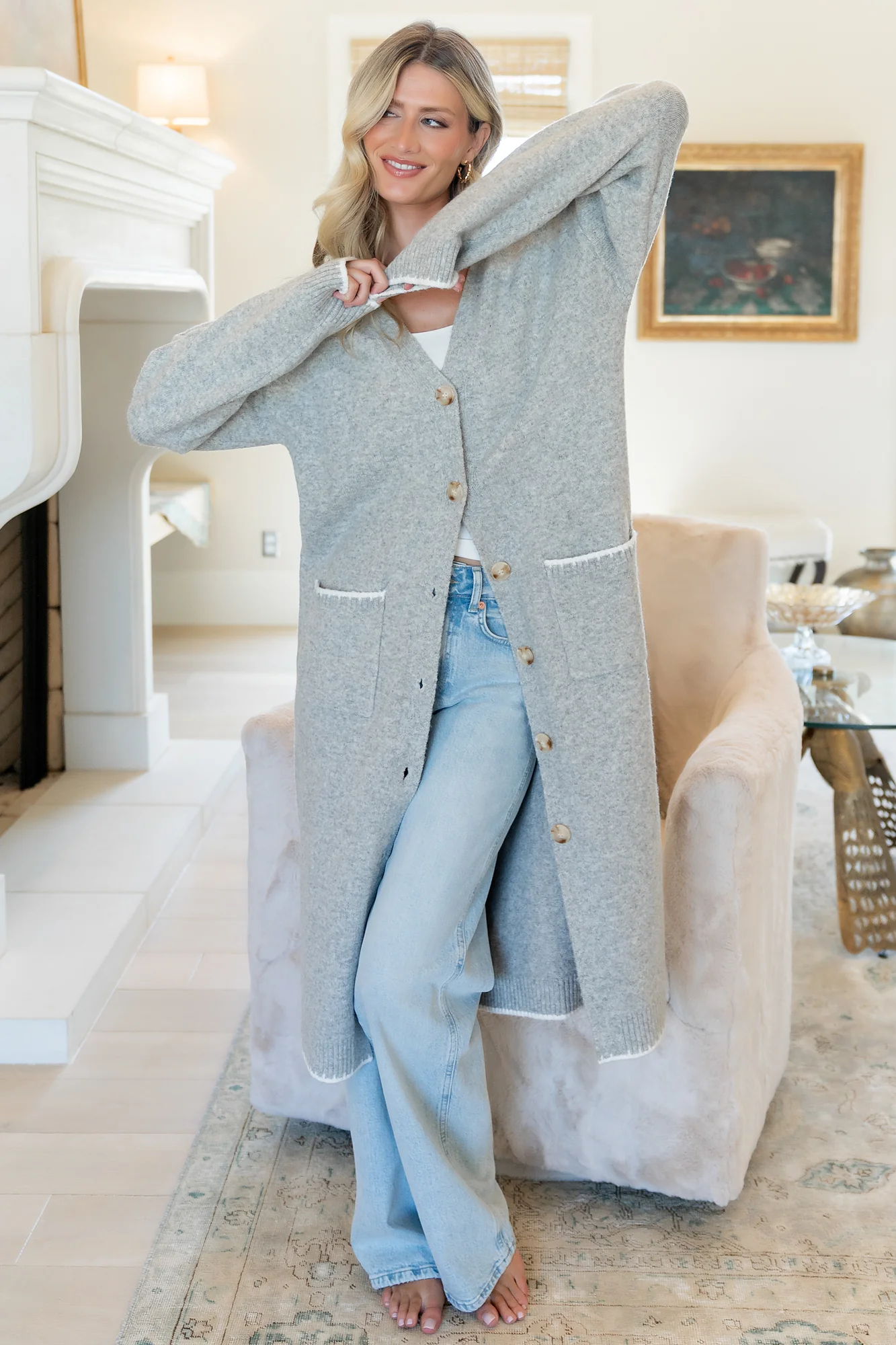 Senna Longline Cardigan, Light Gray Rib Trim