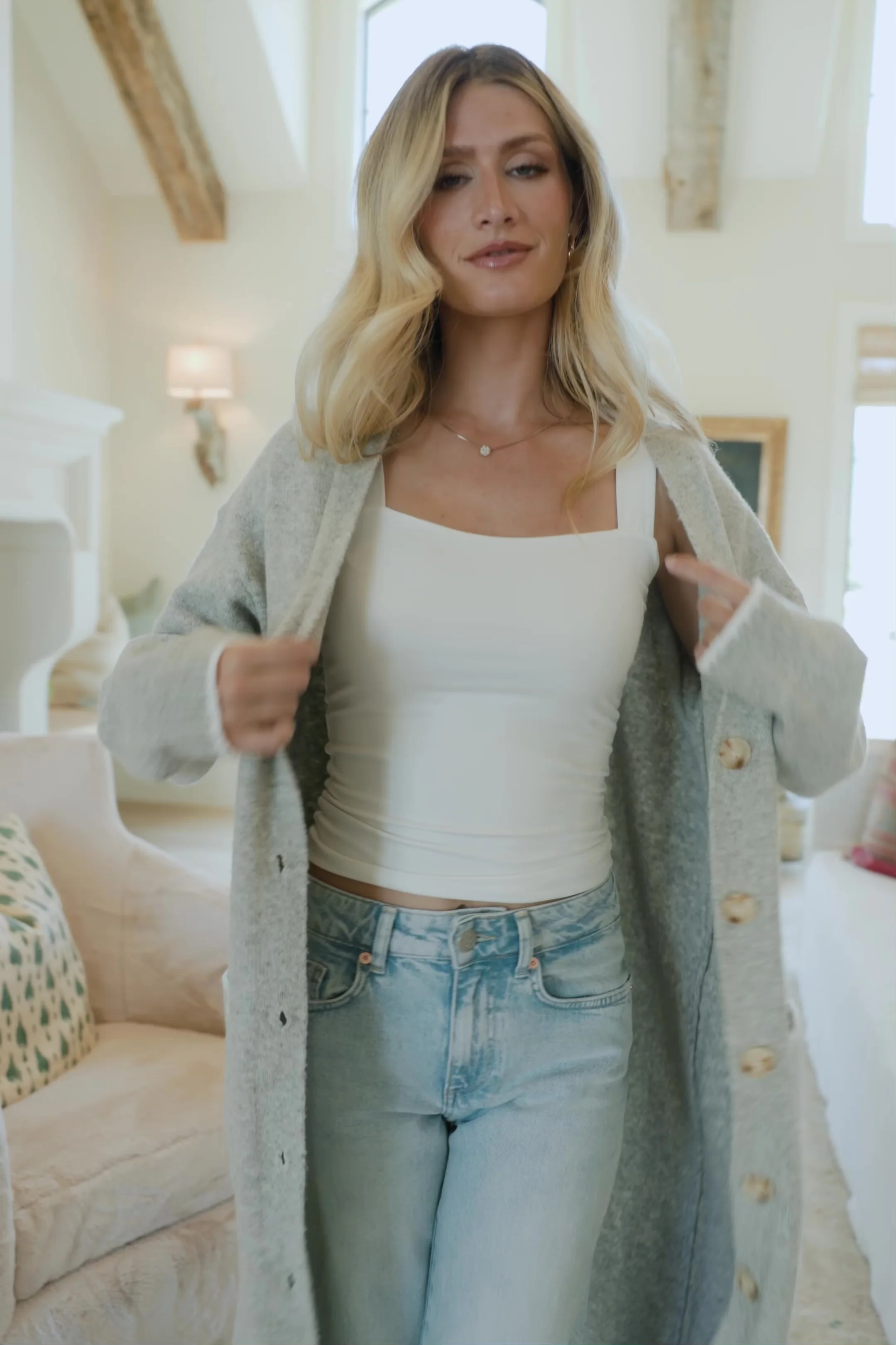 Senna Longline Cardigan, Light Gray Rib Trim