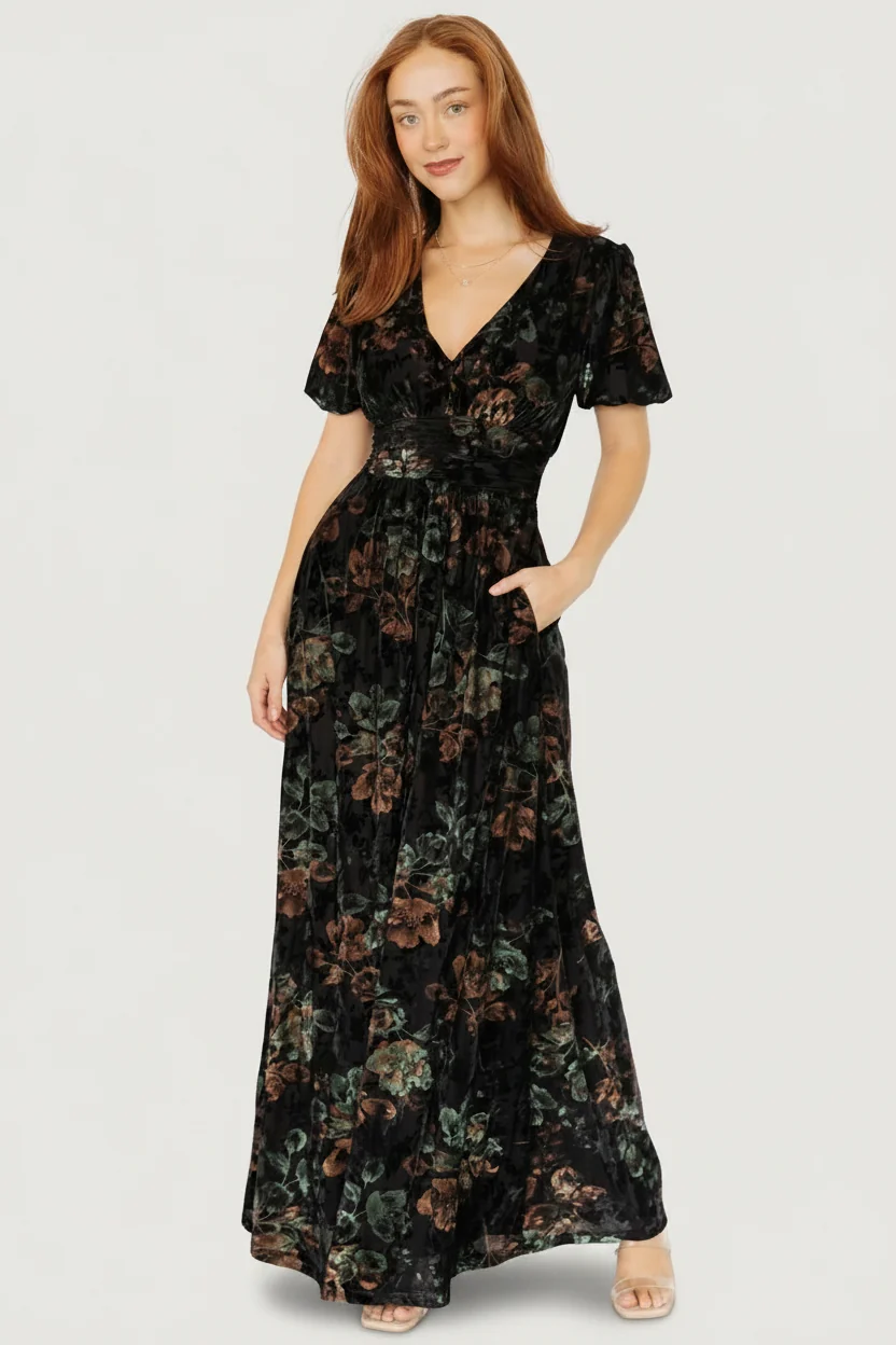 Leslie Velvet Maxi Dress, Black & Deep Jade