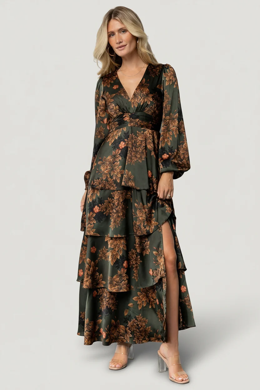 Montrouge Satin Tiered Maxi — Olive Floral 15 Montrouge Satin Tiered Maxi — Olive Floral