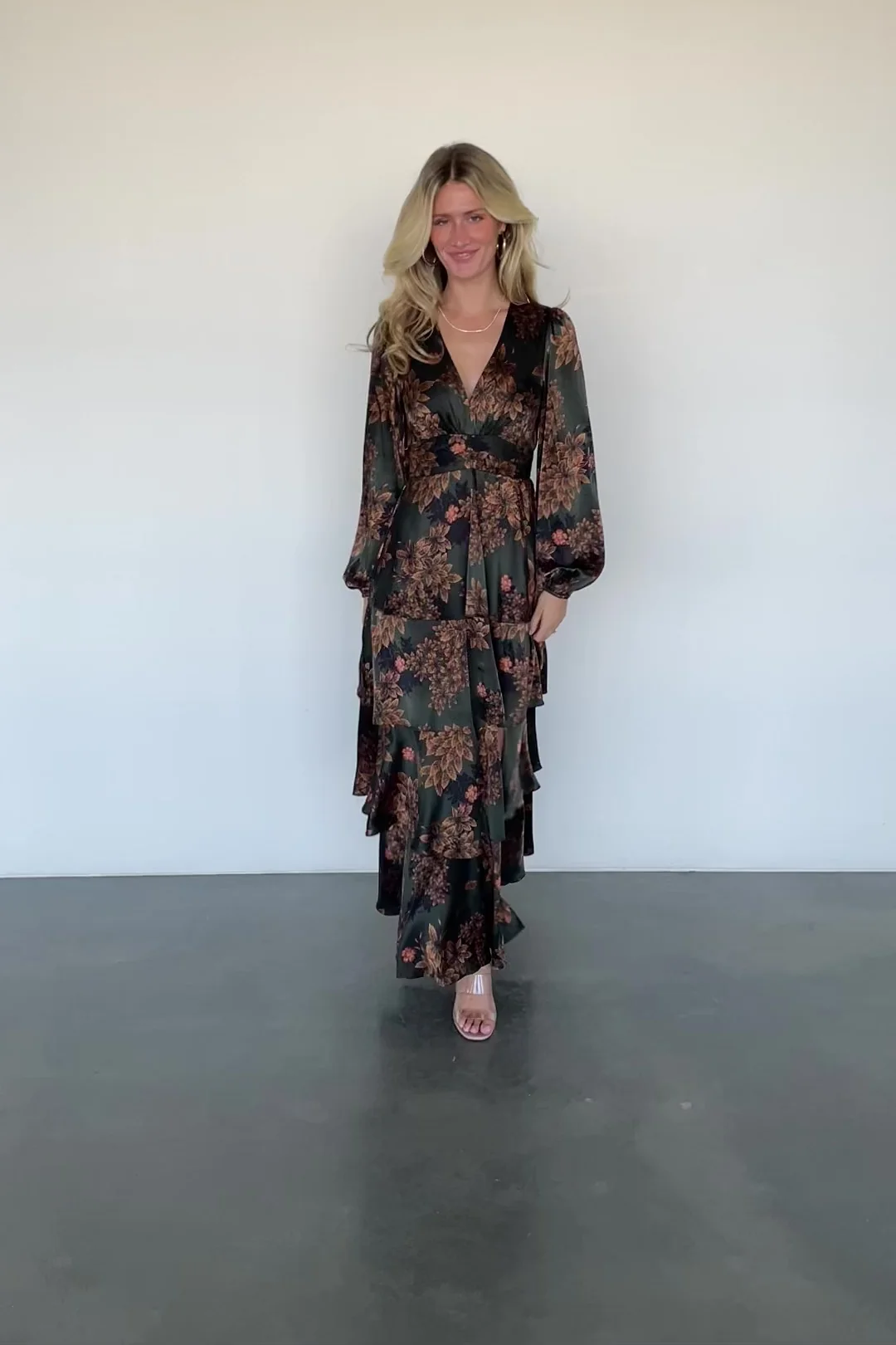 Montrouge Satin Tiered Maxi — Olive Floral