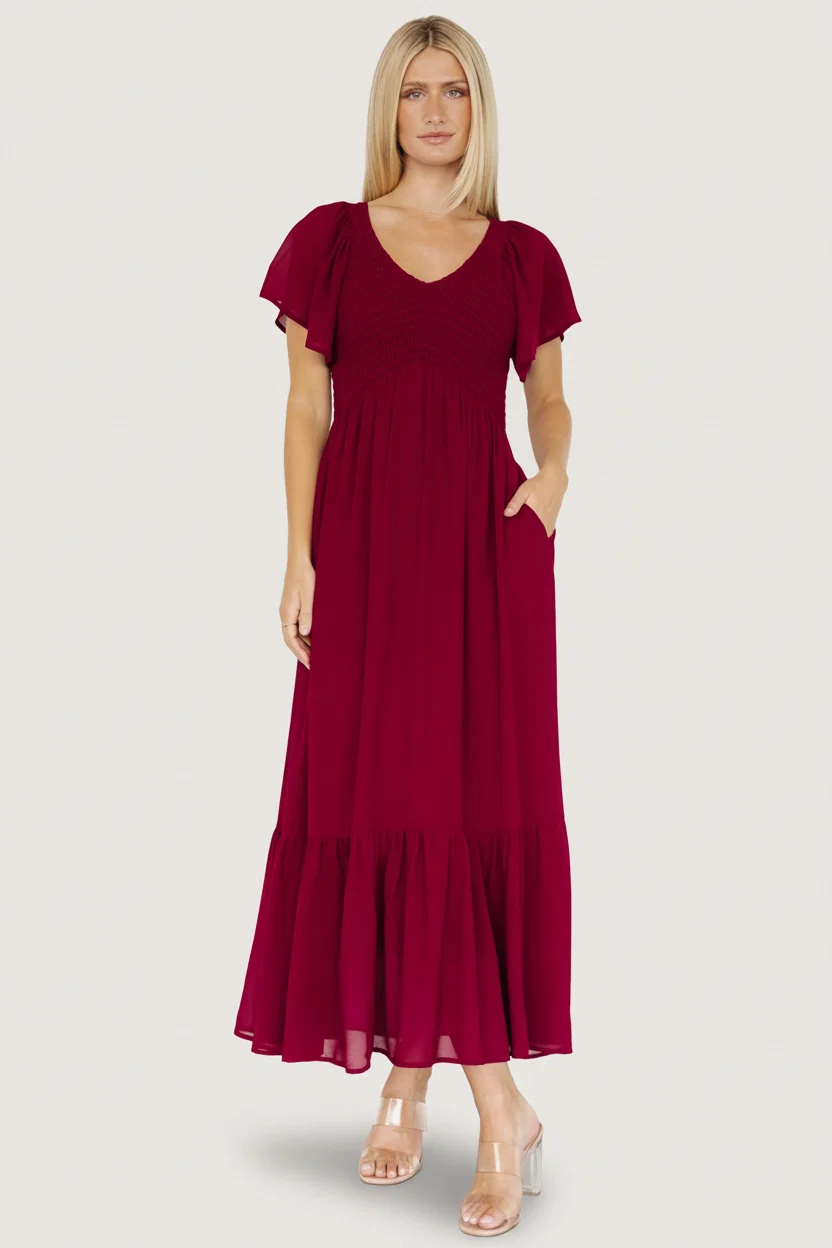 Monica Smocked Maxi Dress — Mulberry 7 Monica Smocked Maxi Dress — Mulberry