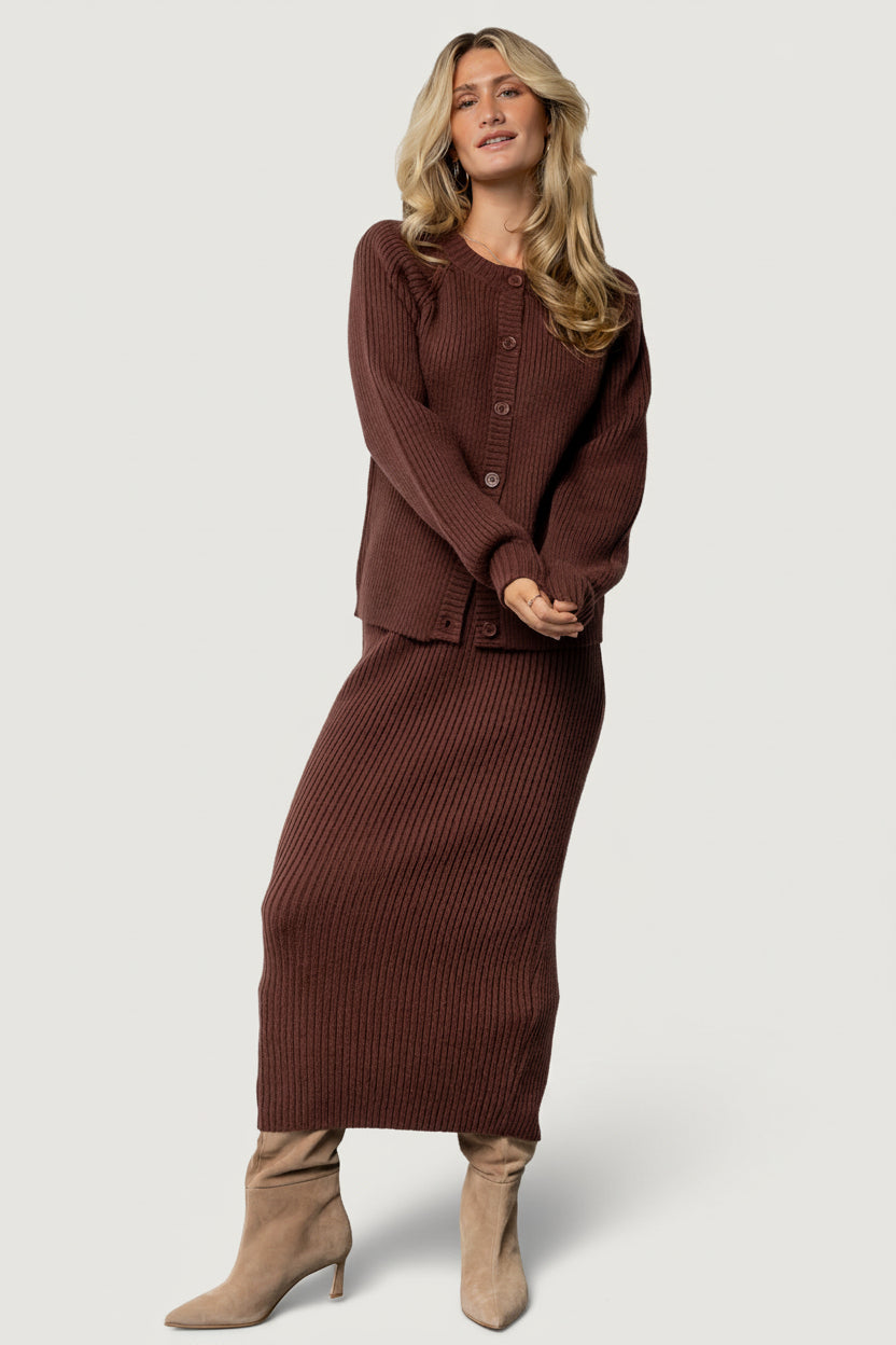 Blair Rib Knit Cardigan - Mahogany