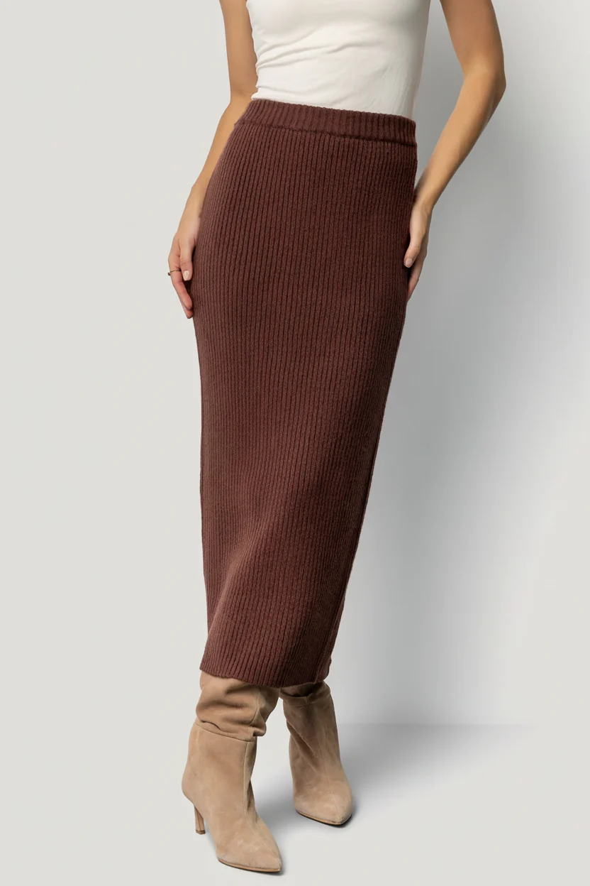Blair Rib Knit Skirt, Fitted Midi — Mahogany