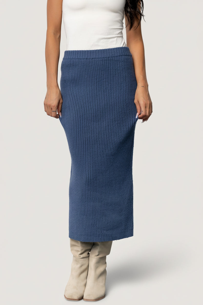 Blair Rib Knit Skirt - Fitted Midi, Blue