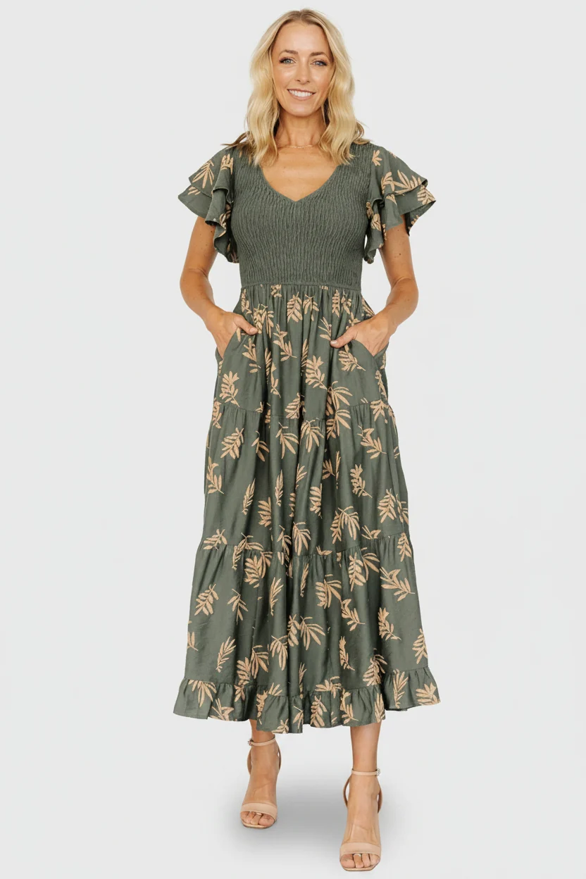 Estelle Smocked Midi Dress — Green & Tan