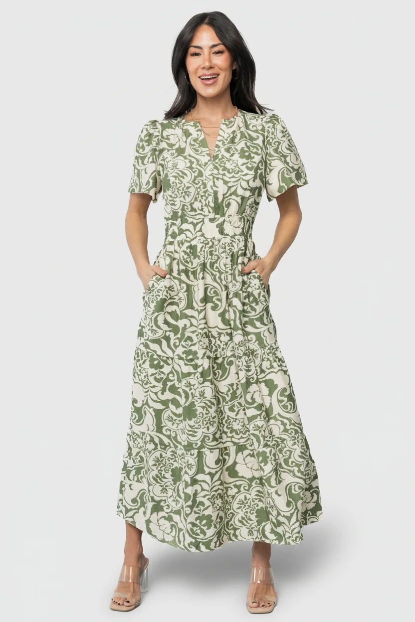 Aventura Midi Dress - Ivory & Green Print
