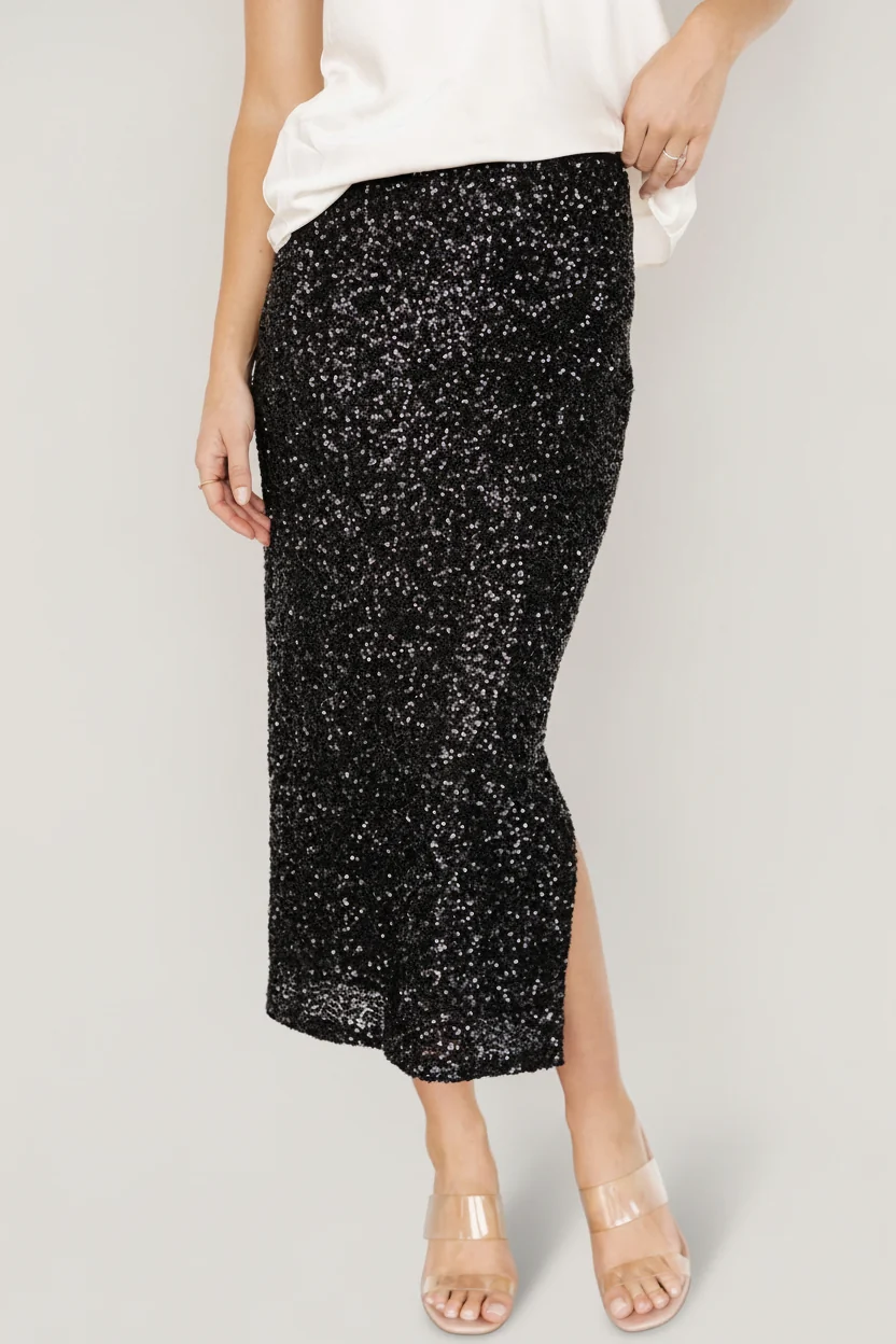 Charmed Sequin Midi Skirt — Black Pencil