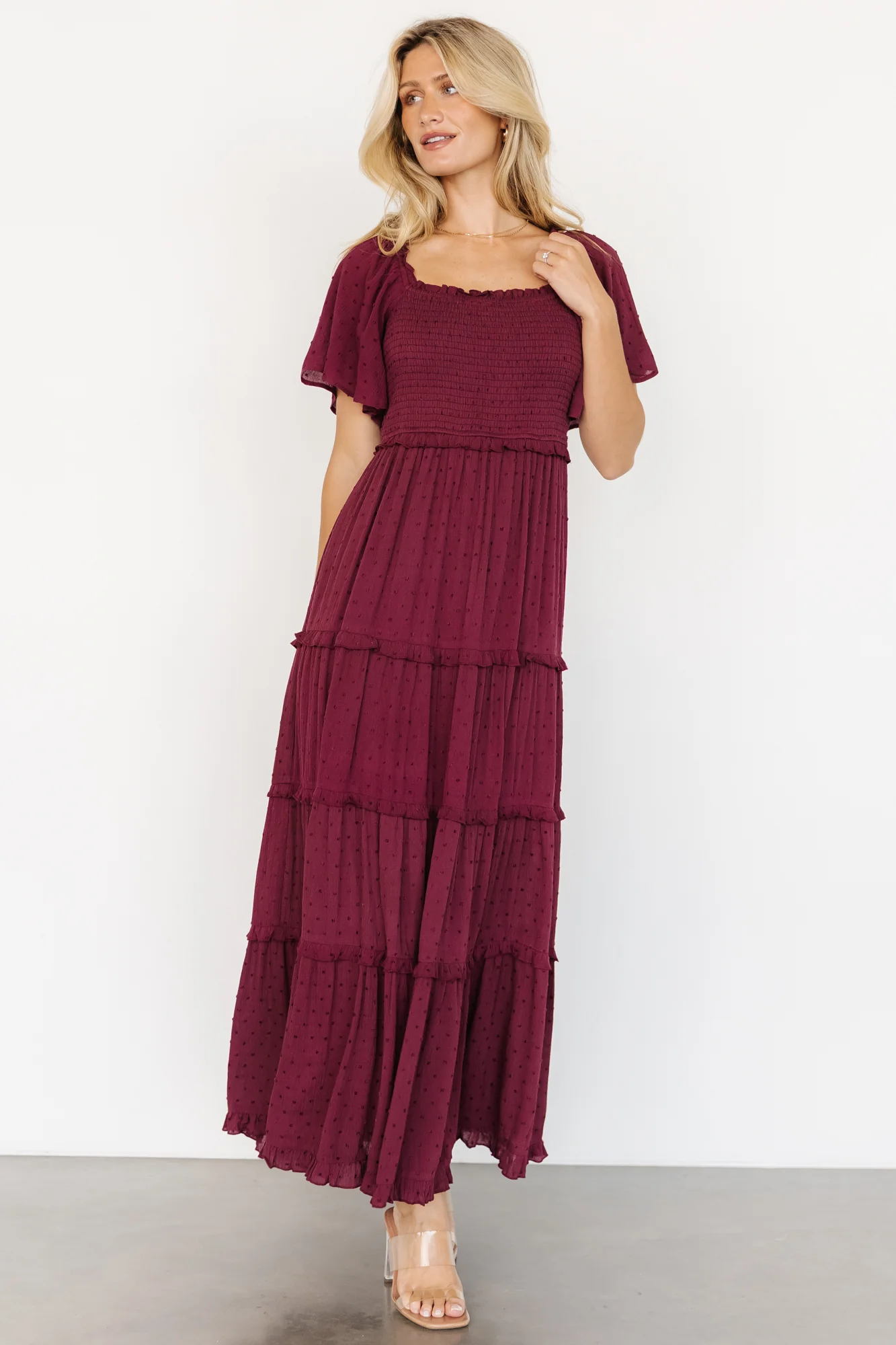 Lenora Smocked Dotted Maxi Dress - Wine