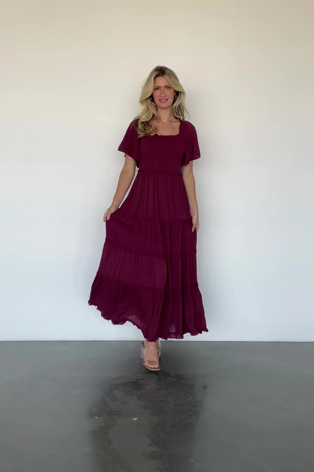 Lenora Smocked Dotted Maxi Dress - Wine 2 Lenora Smocked Dotted Maxi Dress - Wine