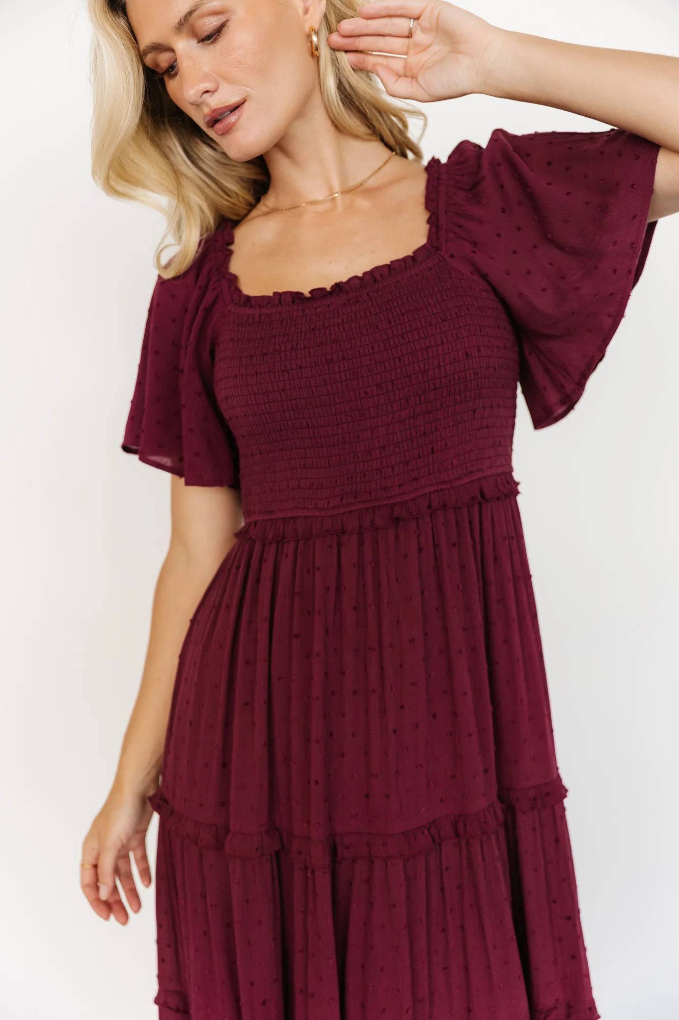 Lenora Smocked Dotted Maxi Dress - Wine 3 Lenora Smocked Dotted Maxi Dress - Wine