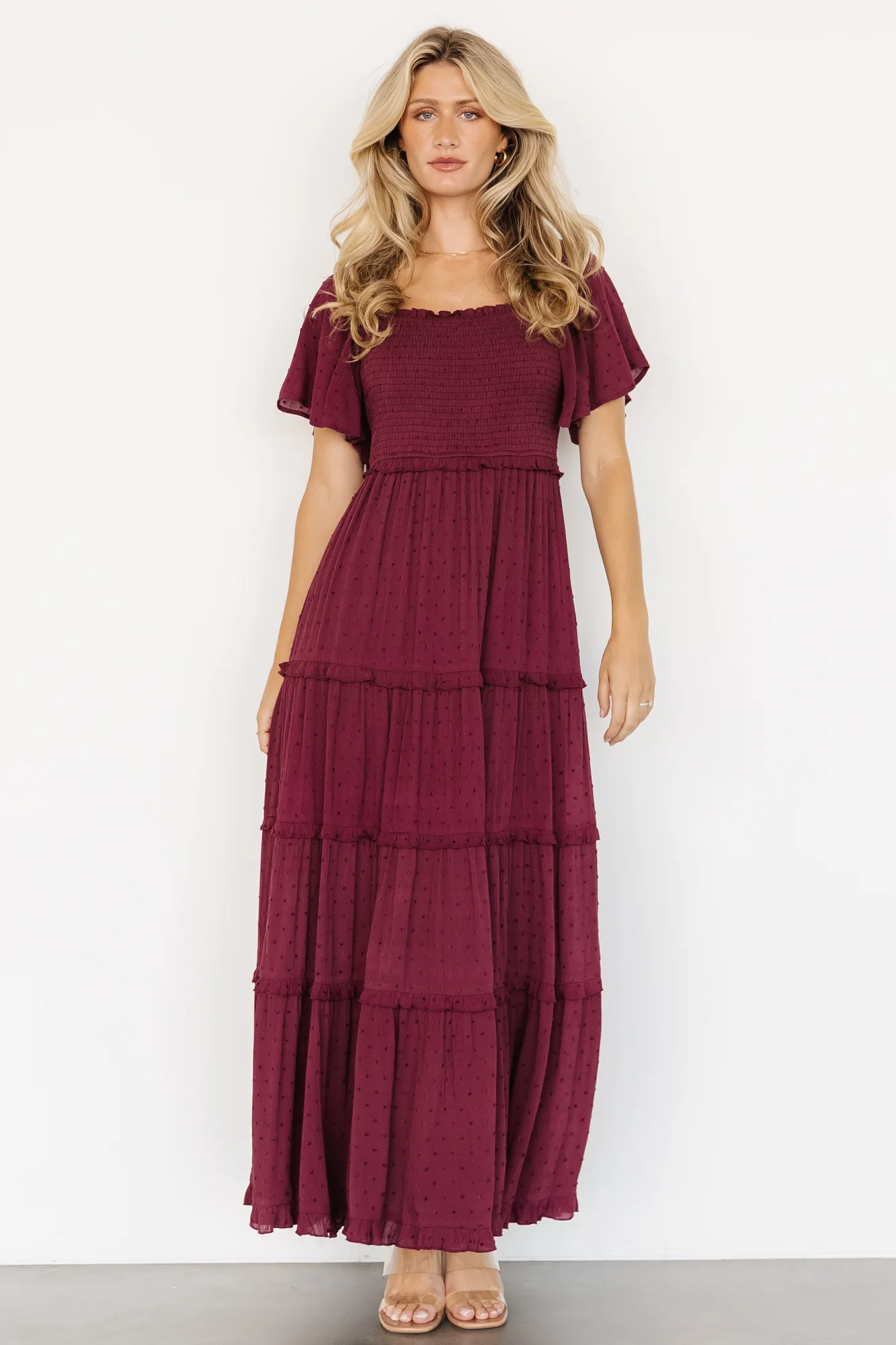 Lenora Smocked Dotted Maxi Dress - Wine 6 Lenora Smocked Dotted Maxi Dress - Wine