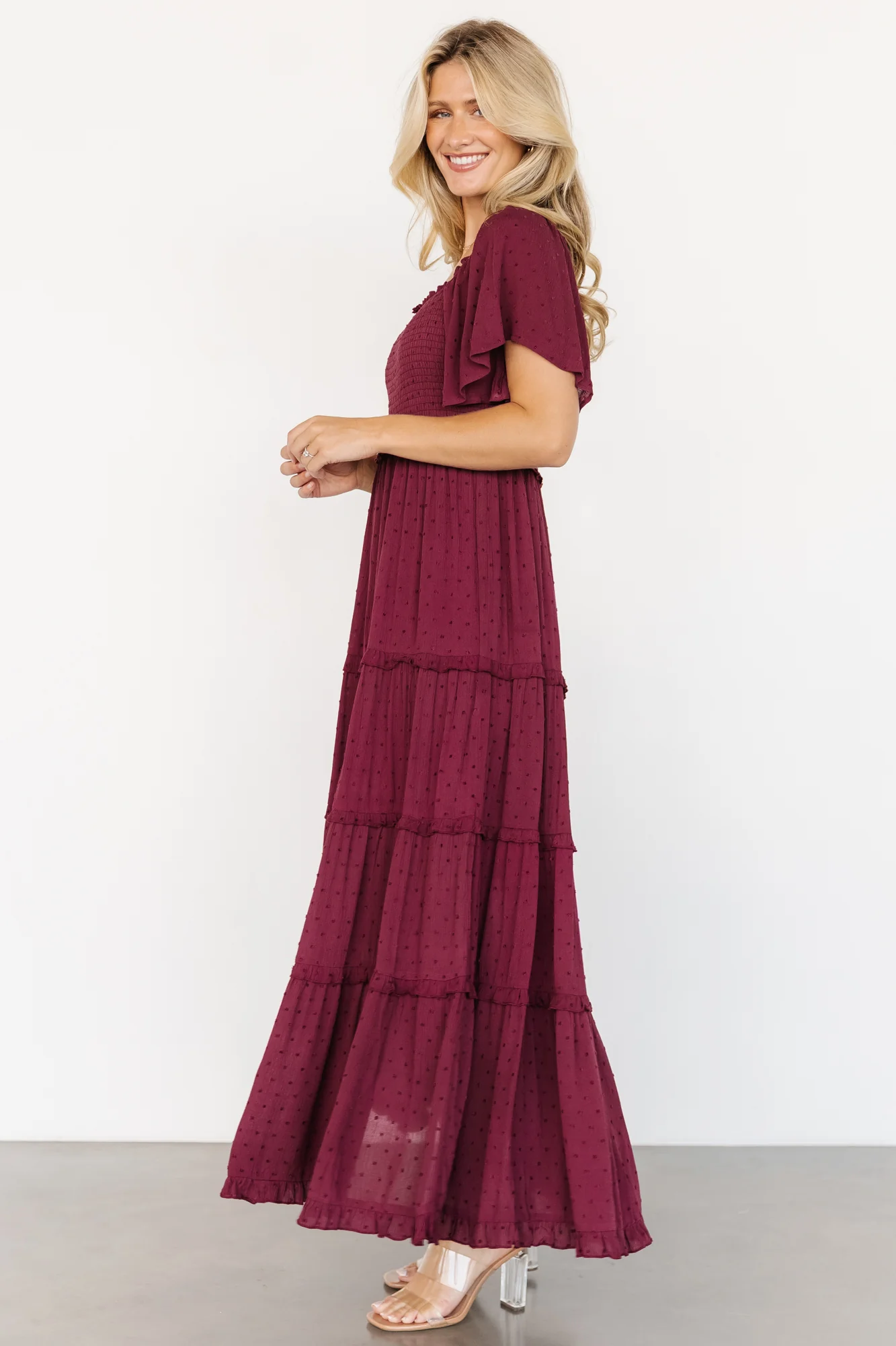 Lenora Smocked Dotted Maxi Dress - Wine 7 Lenora Smocked Dotted Maxi Dress - Wine