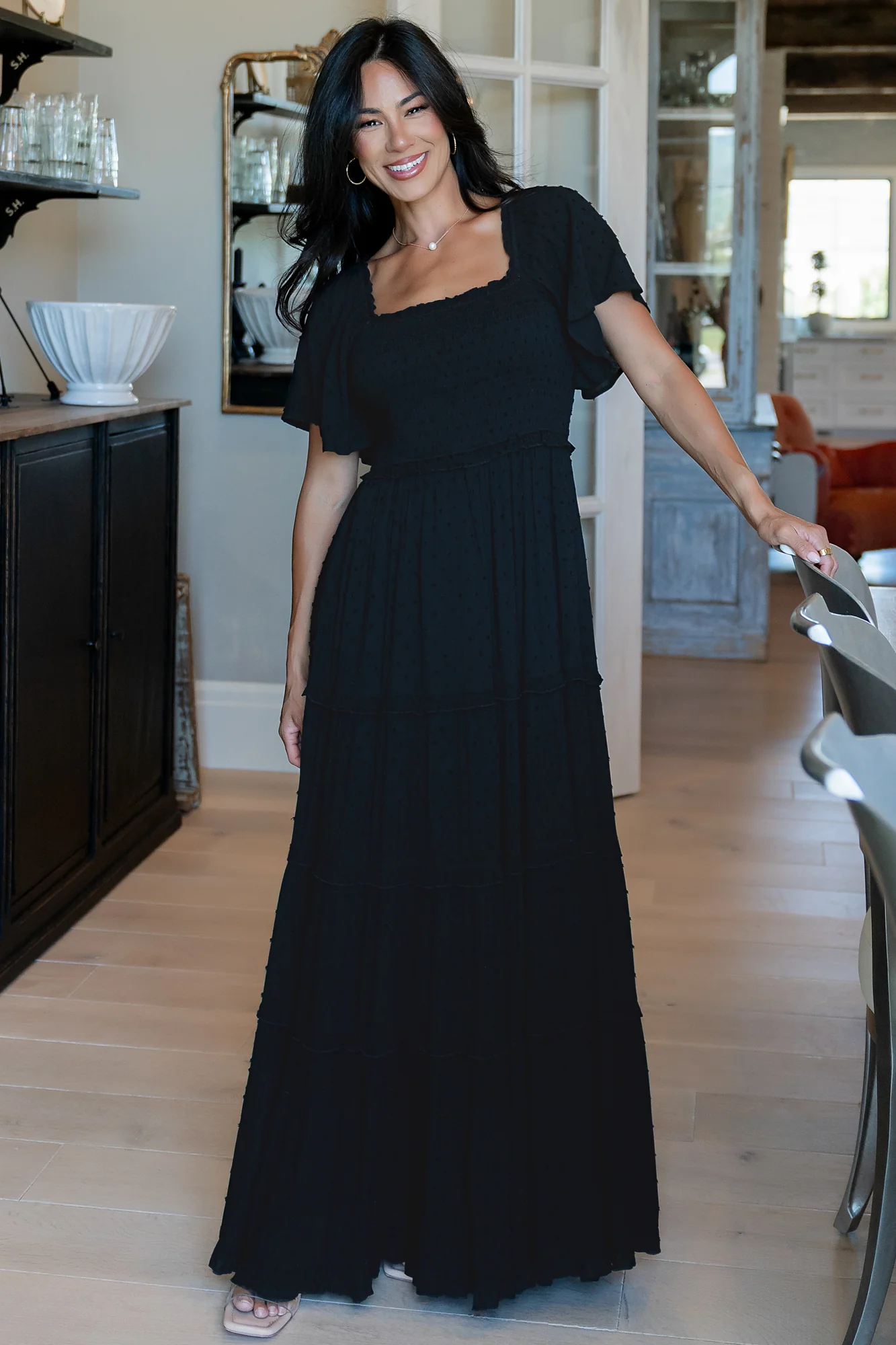 Lenora Smocked Dotted Maxi Dress — Black 14 Lenora Smocked Dotted Maxi Dress — Black