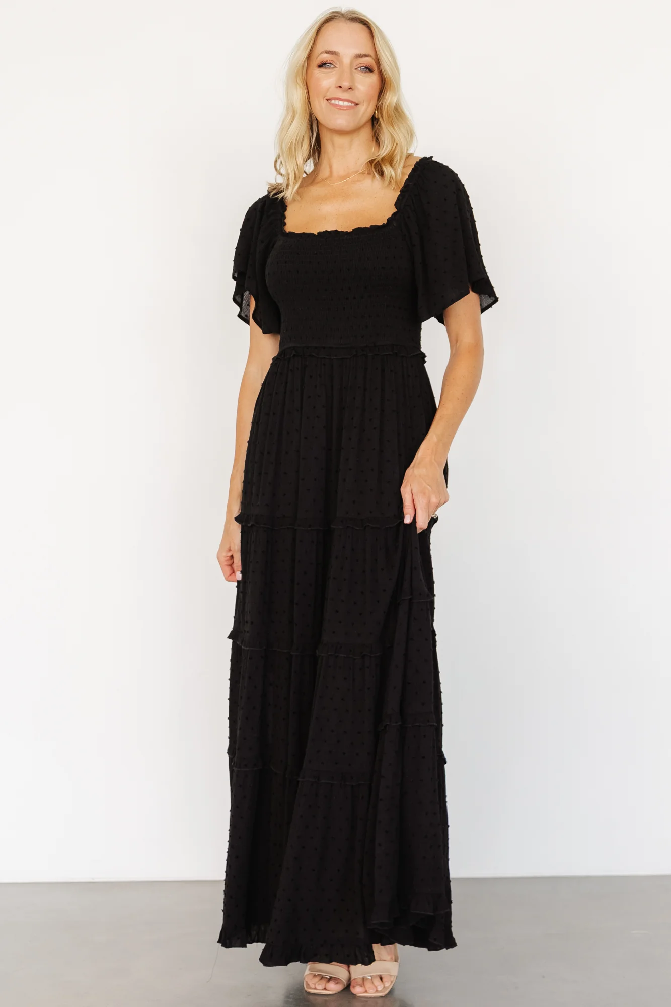 Lenora Smocked Dotted Maxi Dress — Black