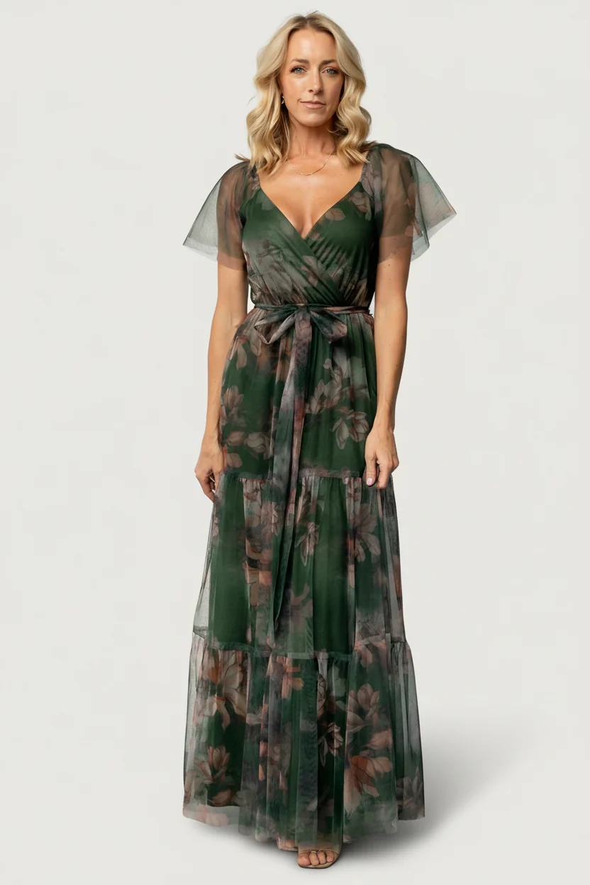 Nicola Tulle Maxi Dress — Deep Green Floral