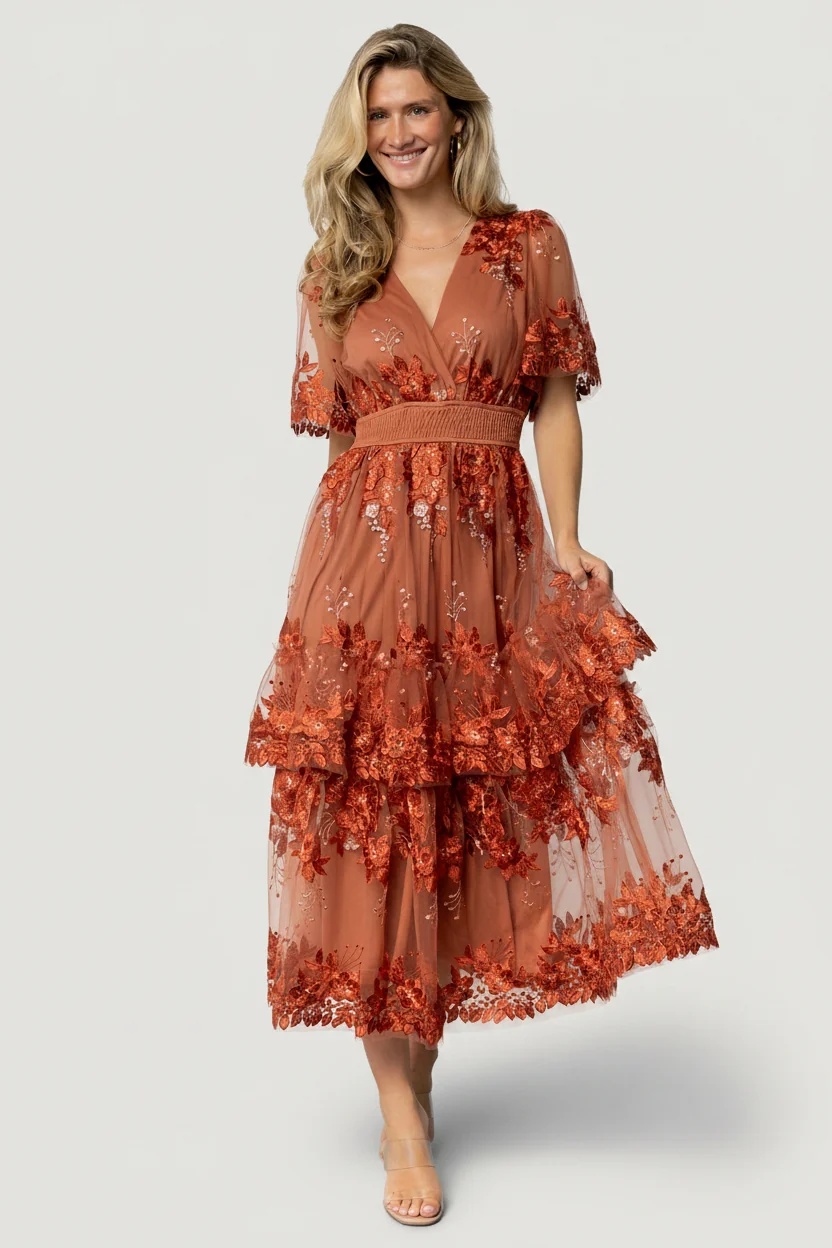 Lotte Embroidered Midi Dress — Rust Tulle