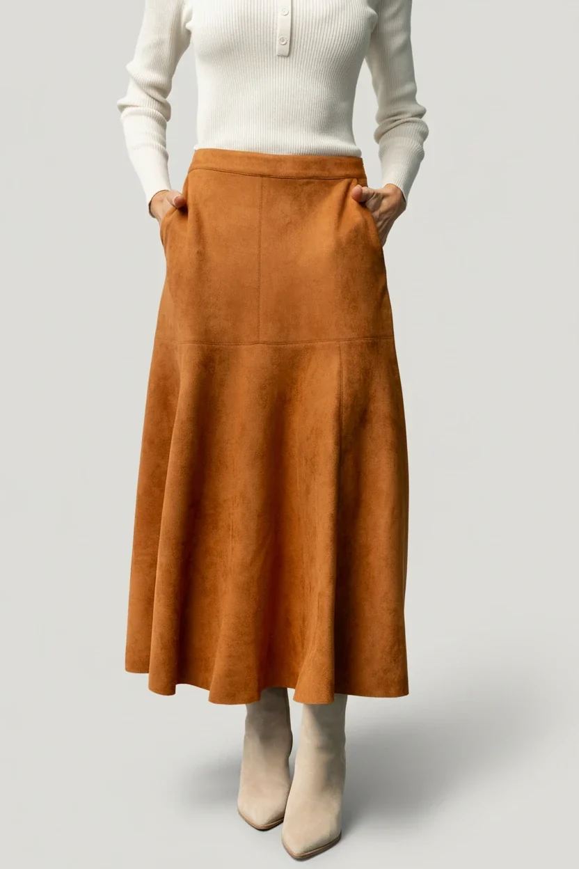 Tona Faux Suede Skirt — Camel A-Line 15 Tona Faux Suede Skirt — Camel A-Line