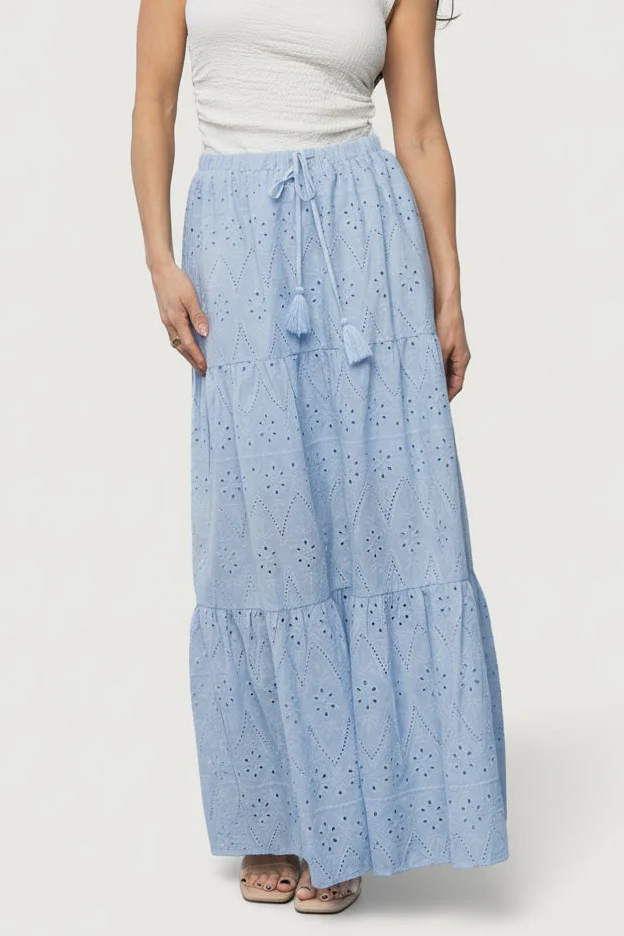 Juana Eyelet Maxi Skirt, Light Blue Cotton