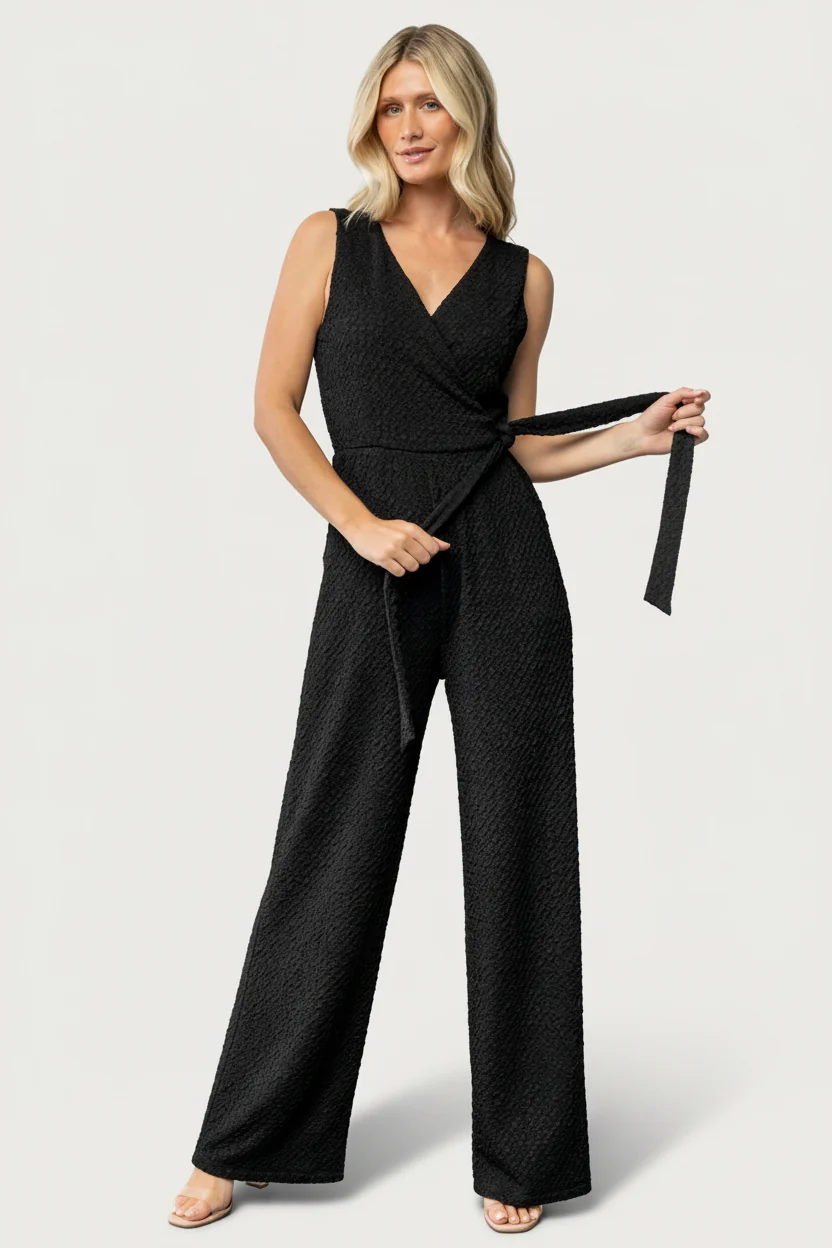 Natasha Surplice Crepe Jumpsuit — True Black