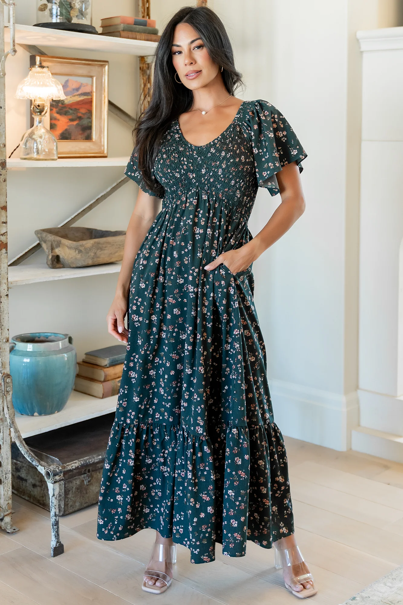 Jerah Smocked Midi Dress — Deep Jade Floral