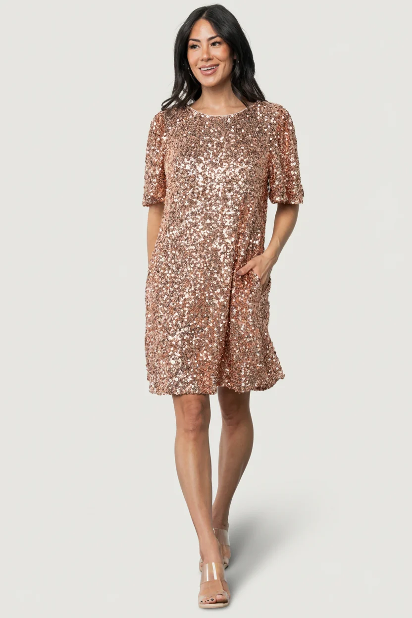 Asta Sequin Shift Dress — Rose Gold Party Short