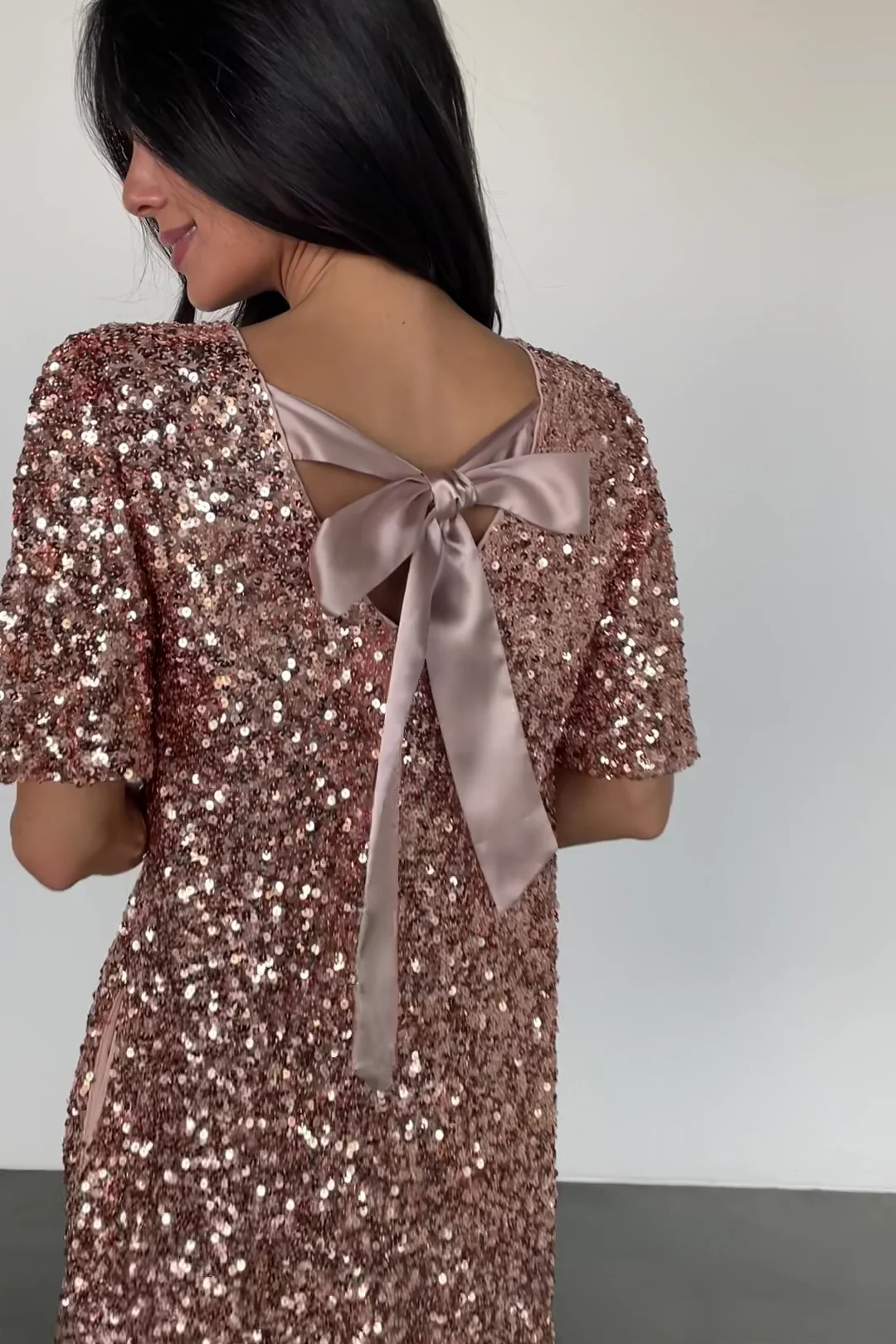 Asta Sequin Shift Dress — Rose Gold Party Short