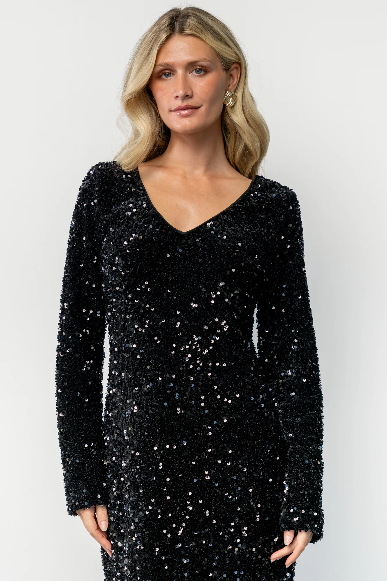 Mira Velvet Sequin Short Dress, Black V-Neck 3 Mira Velvet Sequin Short Dress, Black V-Neck