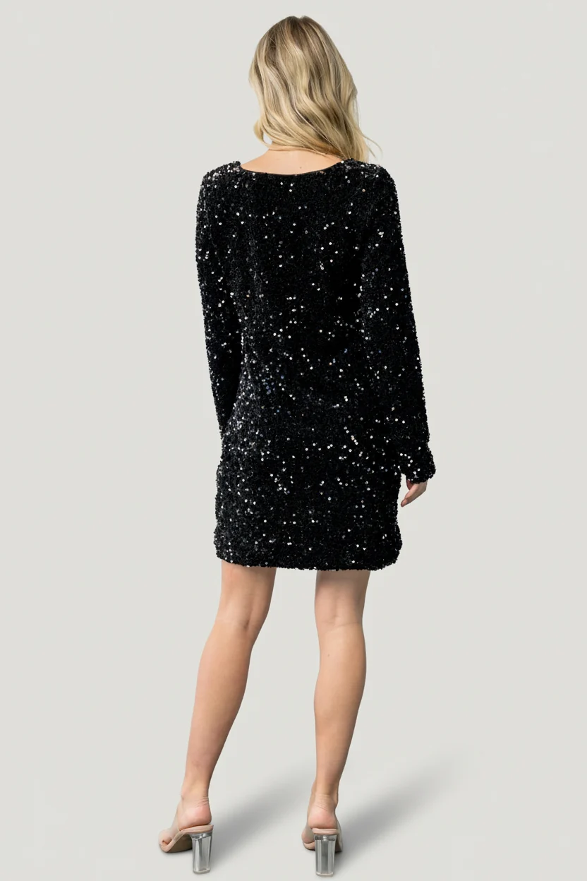 Mira Velvet Sequin Short Dress, Black V-Neck 5 Mira Velvet Sequin Short Dress, Black V-Neck