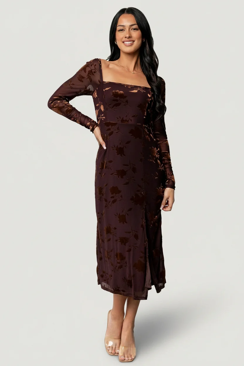 Tamara Velvet Midi Dress — Deep Plum Floral