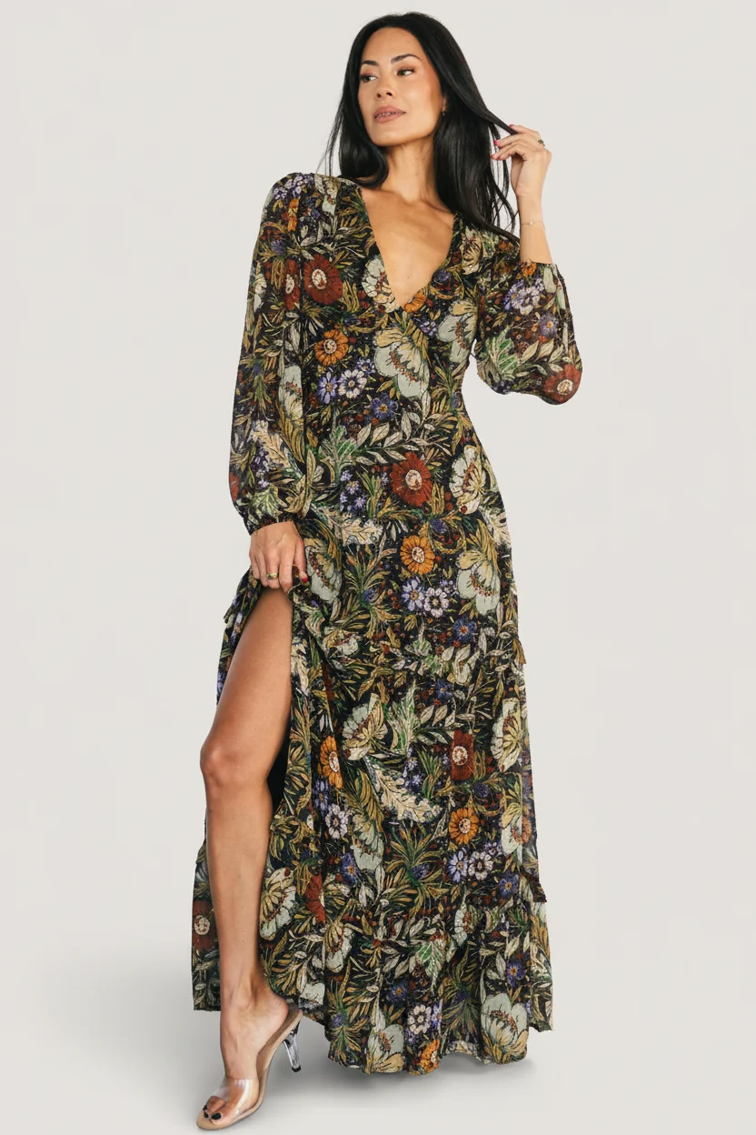 Bowman Deep V Maxi Dress — Multi Floral